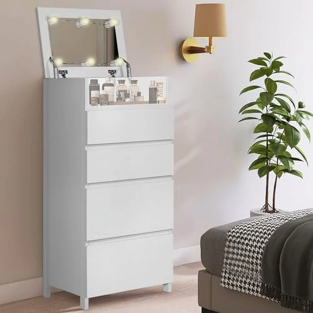 TJCGDTY Dresser for Bedroom  4 Drawer Dresser with Mirror and Lights  Modern Tall Chest of Drawers with  Organizer for Small Space  Bedroom  Entryway  Living Room (White)