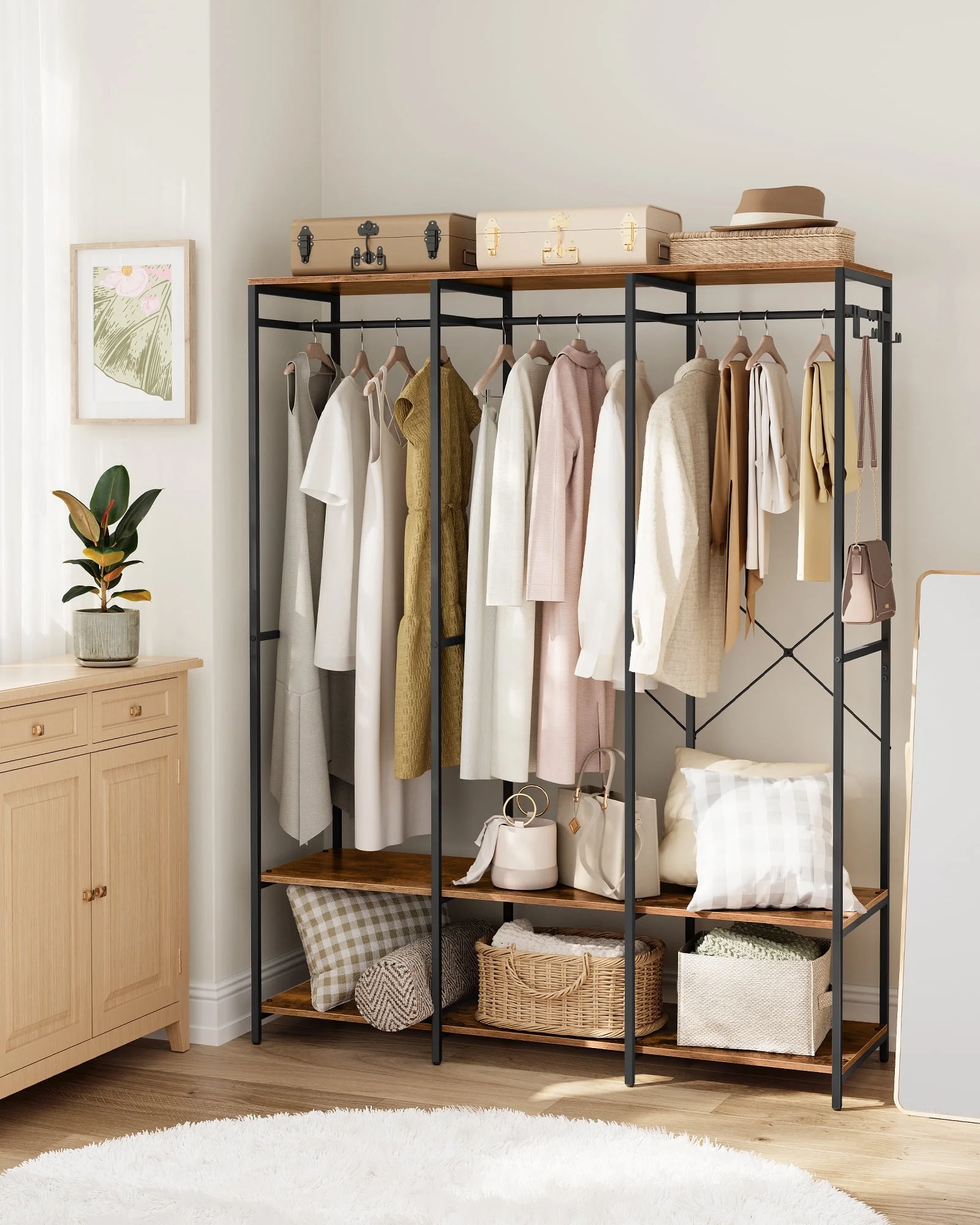 SONGMICS Clothes Rack Wardrobe Closet Organizer Heavy Duty Garment Rack with Hanging Rods Closet Shelves Removable Hooks Rustic Brown