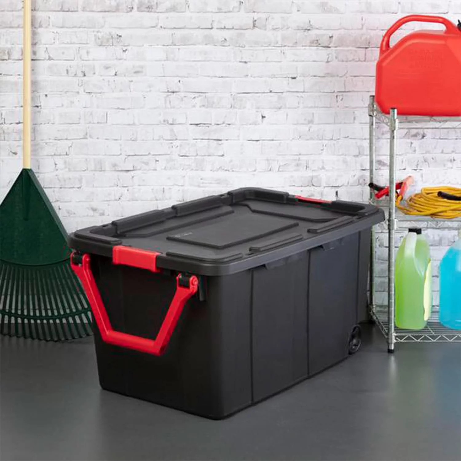 40 Gal Wheeled Industrial Tote, Stackable Storage Bin With Lid, Plastic Container With Heavy Duty es, Black Base And Lid, 4-Pack