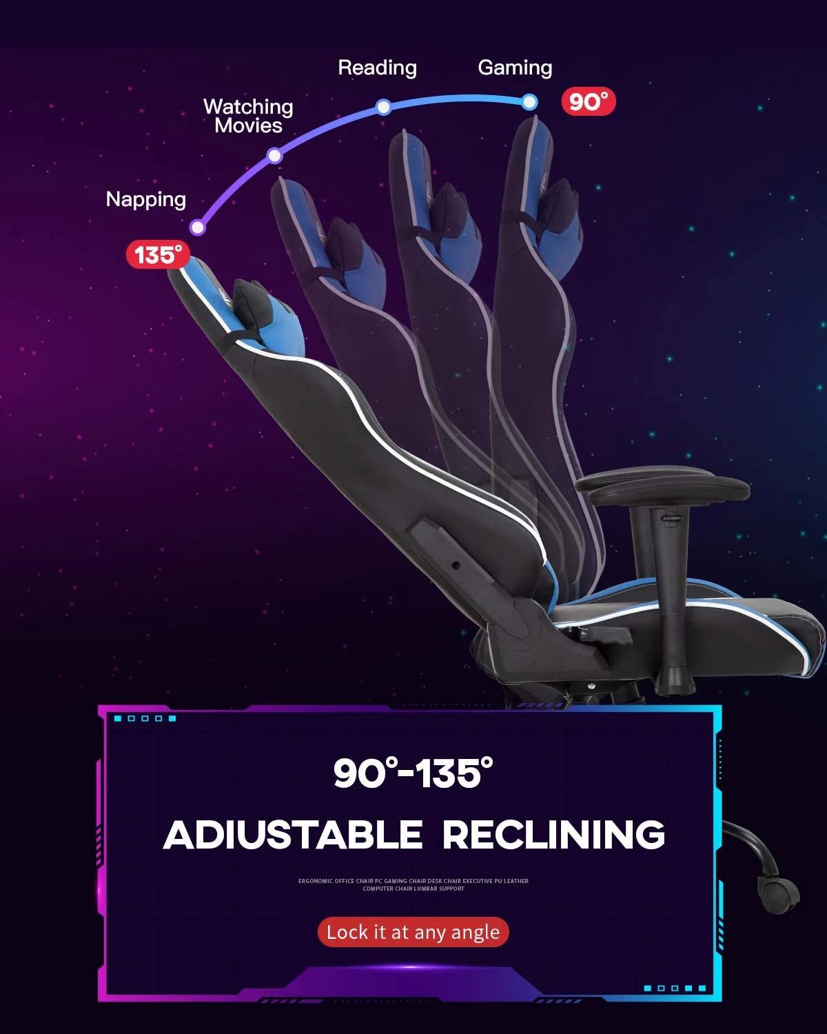 PC Gaming Chair Racing Computer Chair Adjustable Desk Chair with Lumbar Support Headrest Armrest Rolling Swivel Task Chair Ergonomic PU Leather E-Sports Home Office Chair for Adults(Blue)