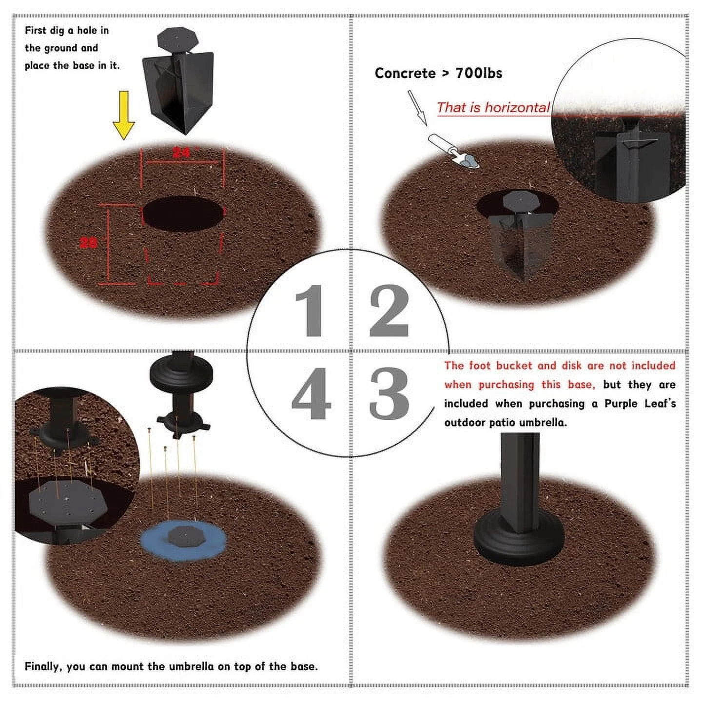 PURPLE LEAF 10.83'' Square Patio Umbrella Base in Ground - 10.83'' x 10.83'' x 23.62''