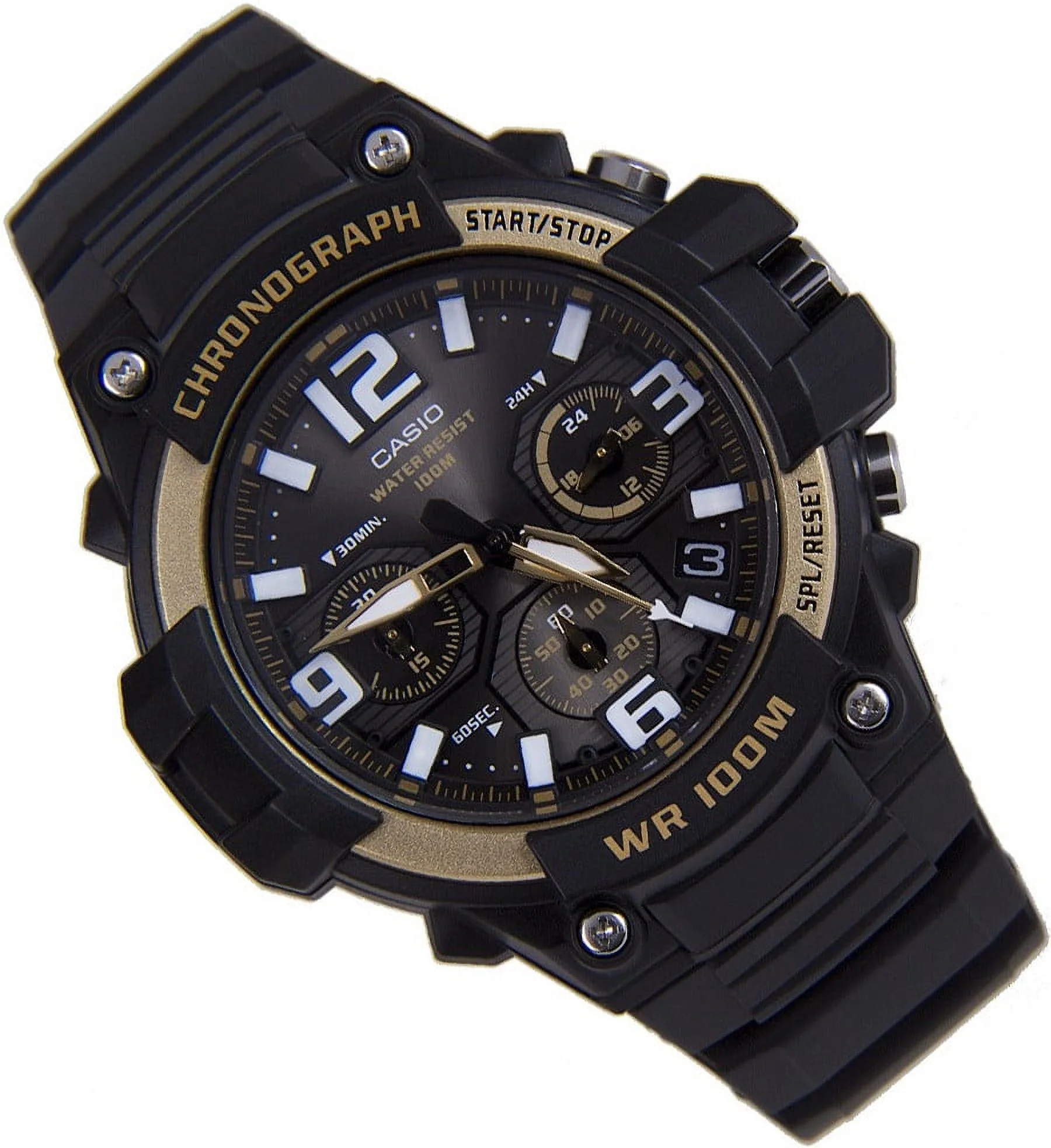 Men's Black/Gold Chronograph Watch, Resin Strap, MCW100H-9A2V