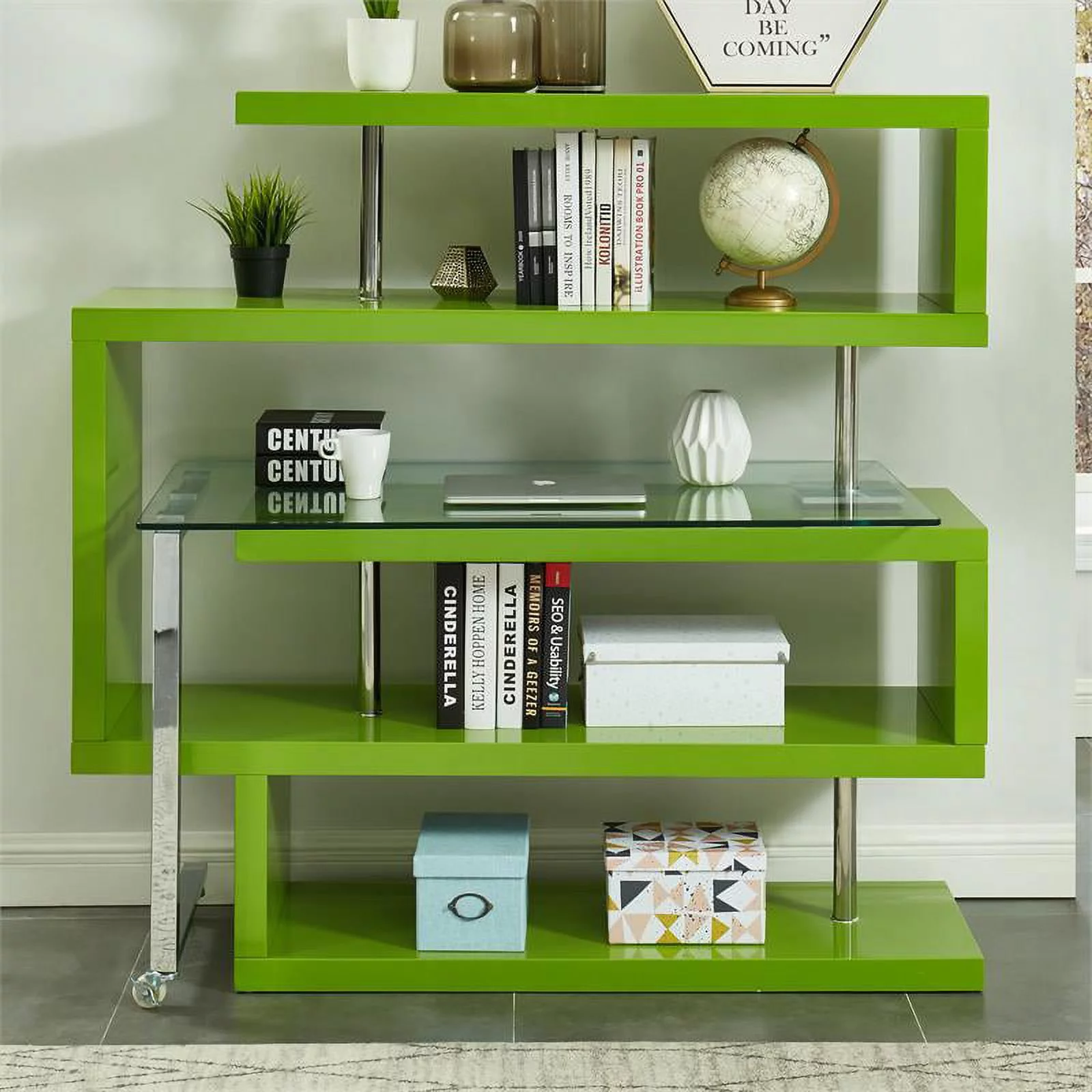 Furniture of America Creema Modern Wood 4-Shelf Bookcase Desk in Green