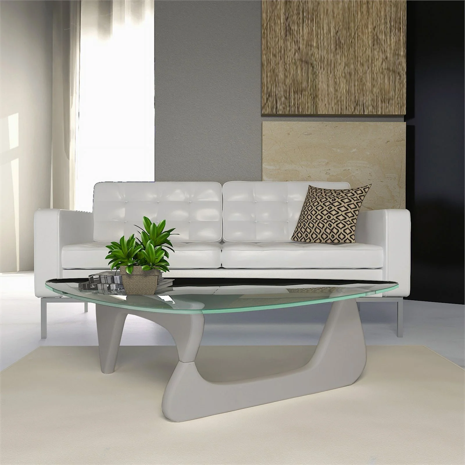 Pemberly Row Modern Triangle Wooden Glass Top Coffee Table in Grey