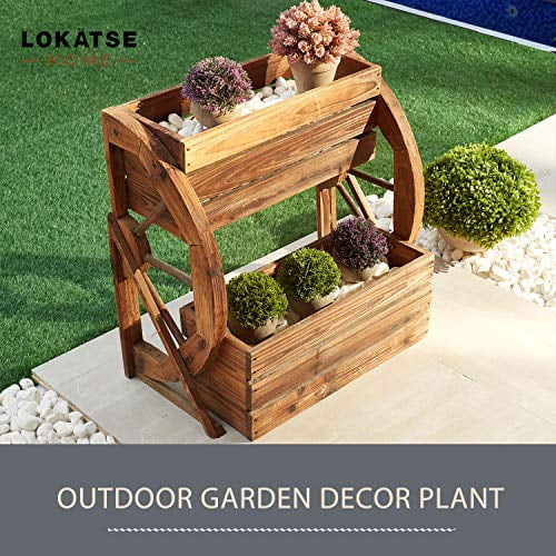 LOKATSE HOME Wooden Wagon Wheel Double-Tier Planter Outdoor Garden Decor Plant Flower Holder Stand, Brown