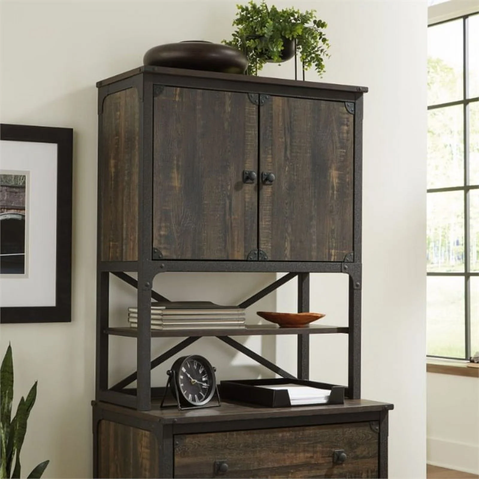 Home Square 2-Piece Set with Lateral File and Library Hutch in Carbon Oak