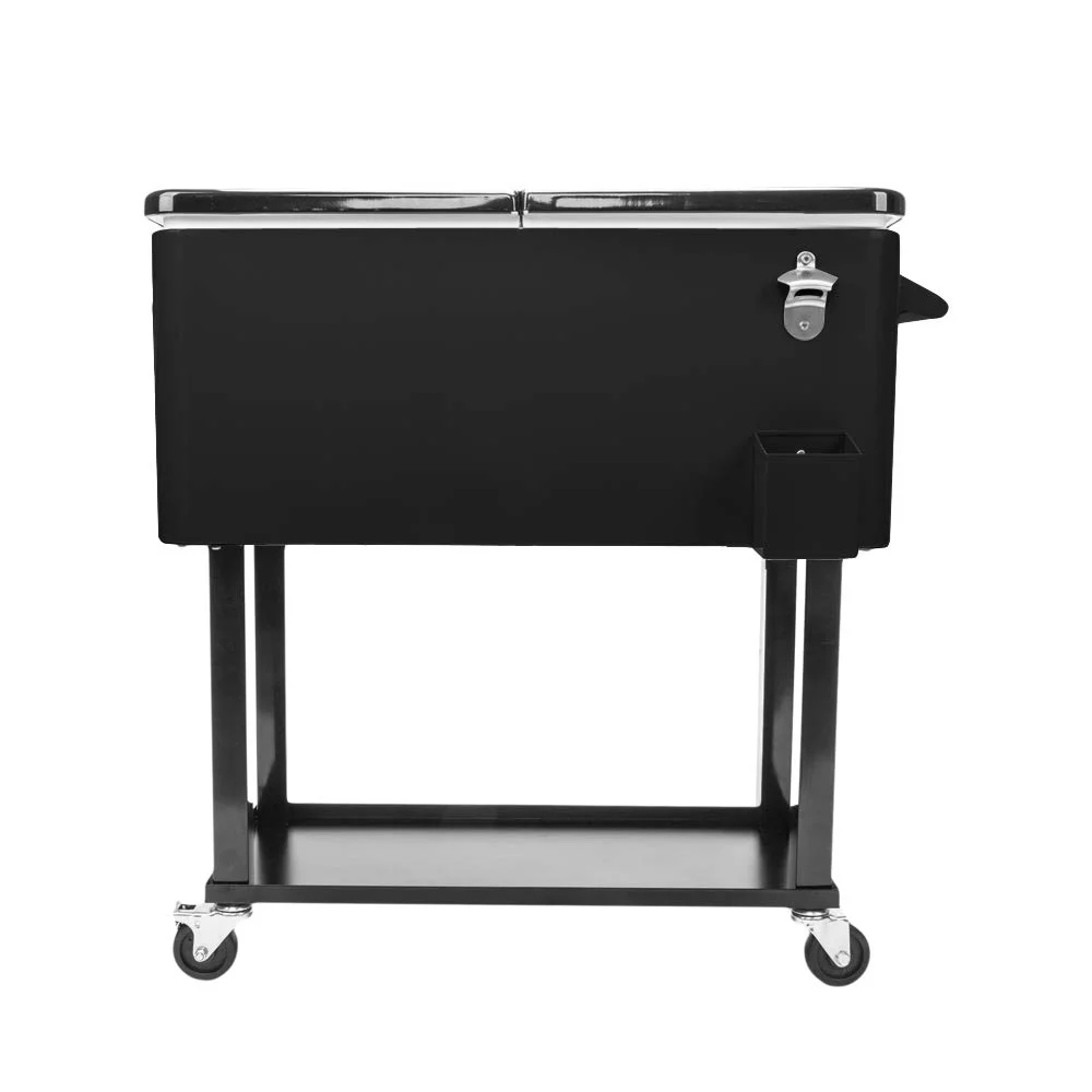 BNSPLY 80 Quart Outdoor Cooler Cart Rolling Ice Chest Cooler Cart, Portable Patio Cooler with Bottle Opener, Handles and Drainage, Standing Cooler for Patio Party, Camping and BBQ, Black
