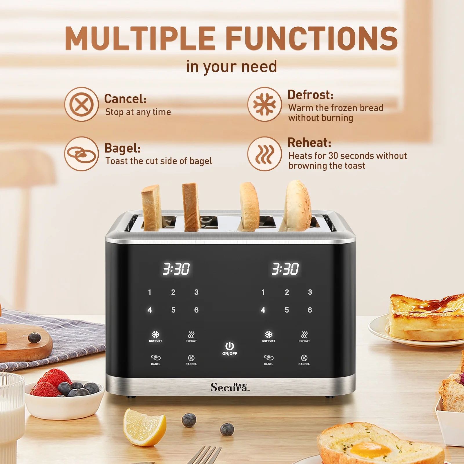 Secura 4-Slice Toaster Extra Wide Slots Toaster Touch Screen Toaster with Dual Control Panels of 6 Shade Settings Toaster Bagel Defrost and Reheat Digital Timer Toaster
