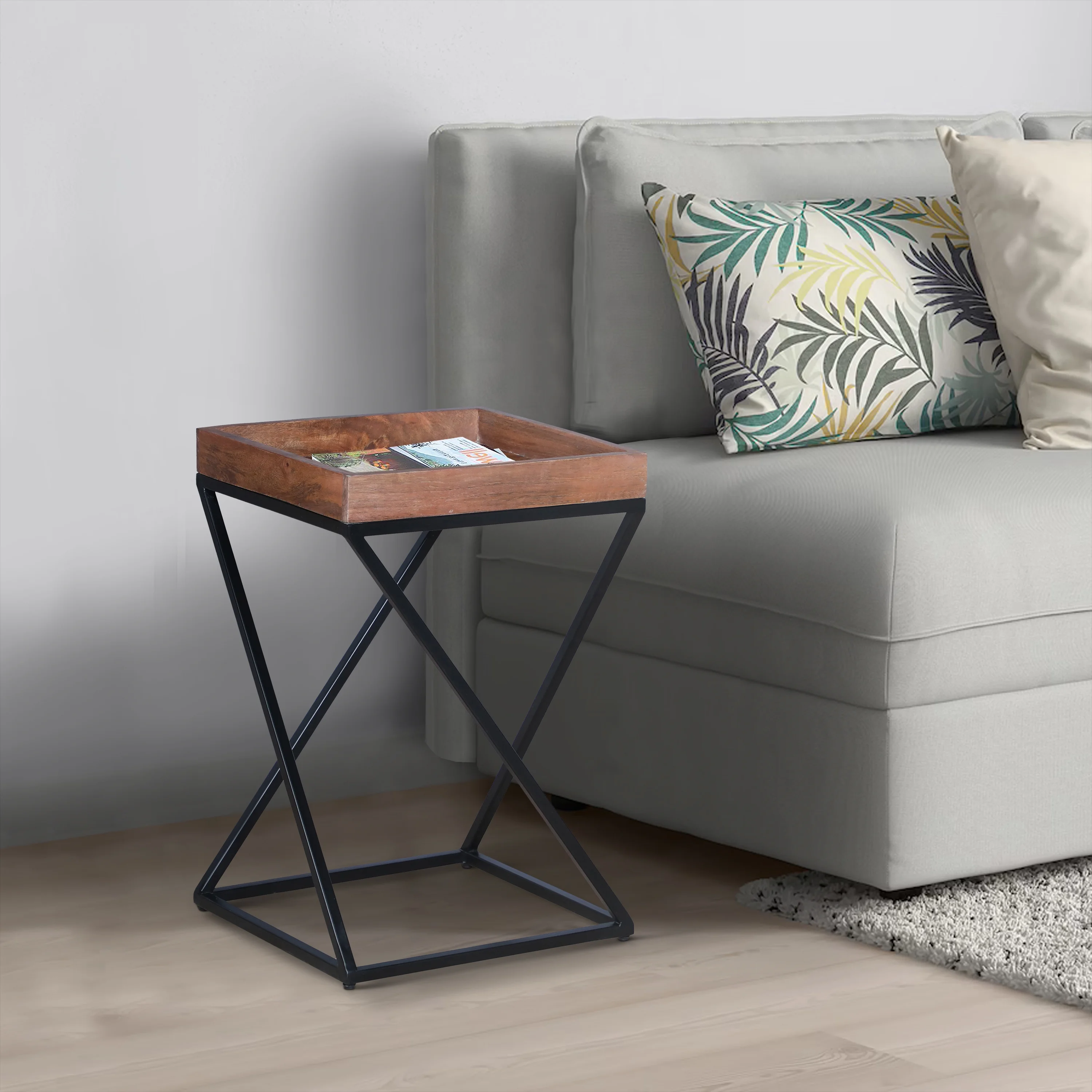 22 Inch Industrial End Side Table with Mango Wood Tray Top, X Shape Iron Frame, Brown, Black