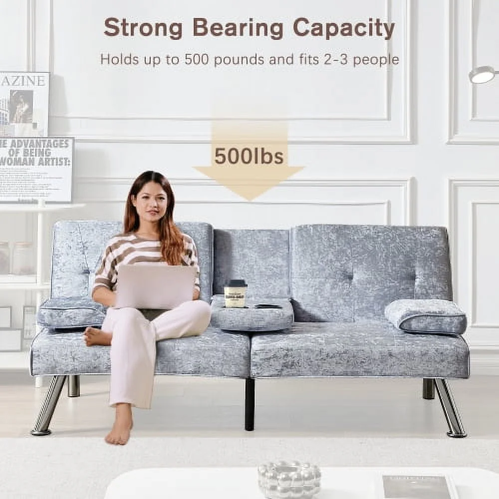 DremFaryoyo Convertible Sofa Bed Adjustable Couch Sleeper Modern Faux Leather Recliner Reversible Loveseat Folding Daybed Guest Bed  Removable Armrests  Cup Holders  3 Angles    Gray