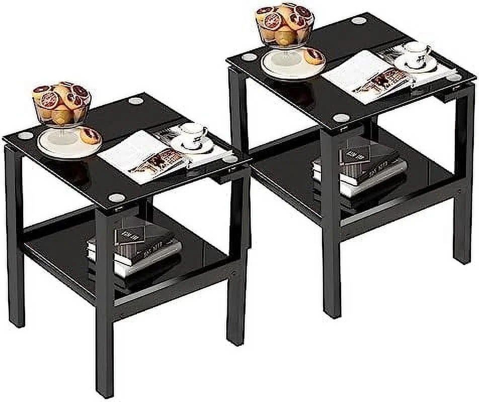 ZFGSUIJN Glass End Tables Living Room   Modern Sofa  Set 2  Transparent Tempered Glass Small Square Corner  for Home Bedroom  (2Pcs-All Black)
