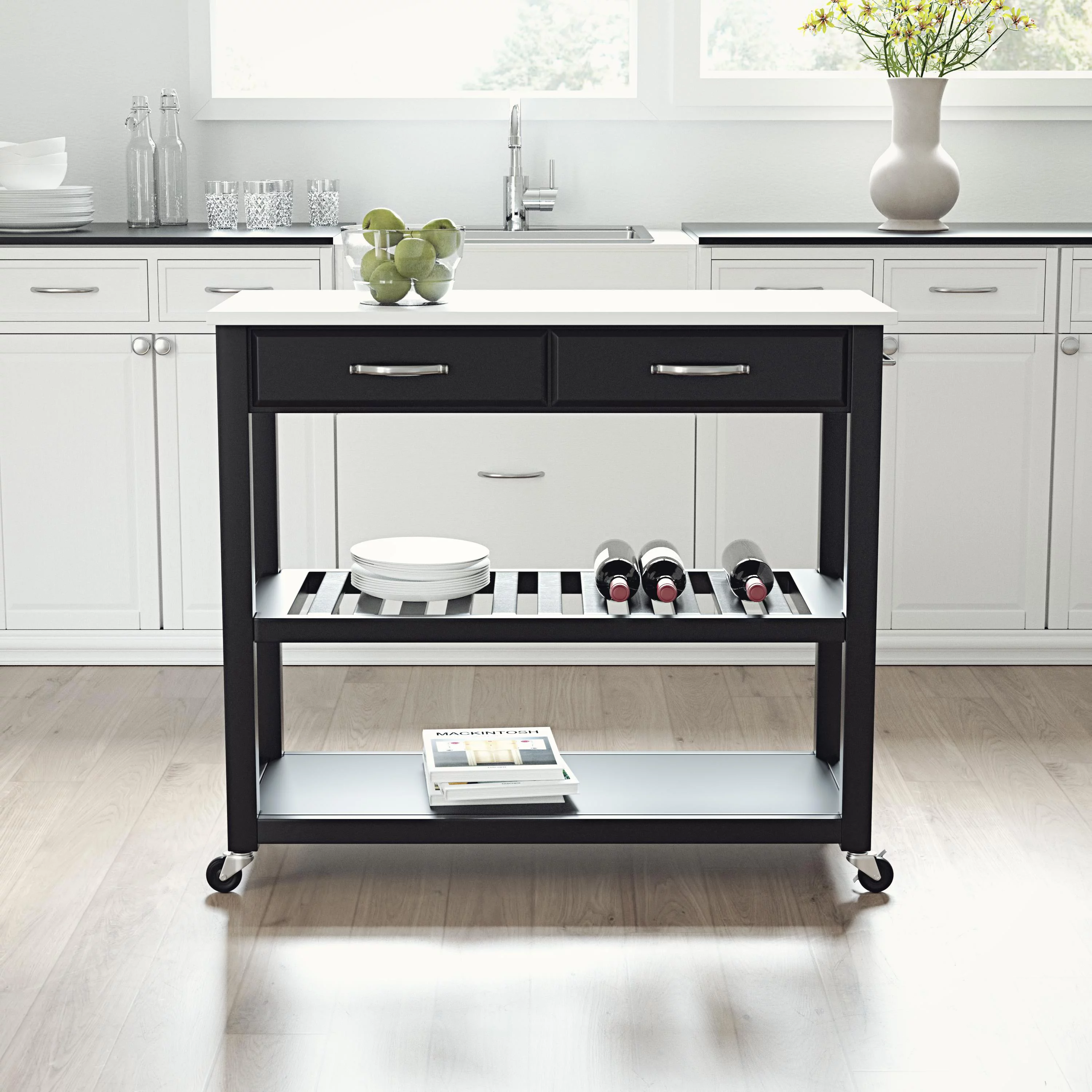 Crosley Furniture Engineered Wood/Granite Top Kitchen Cart in Black/White
