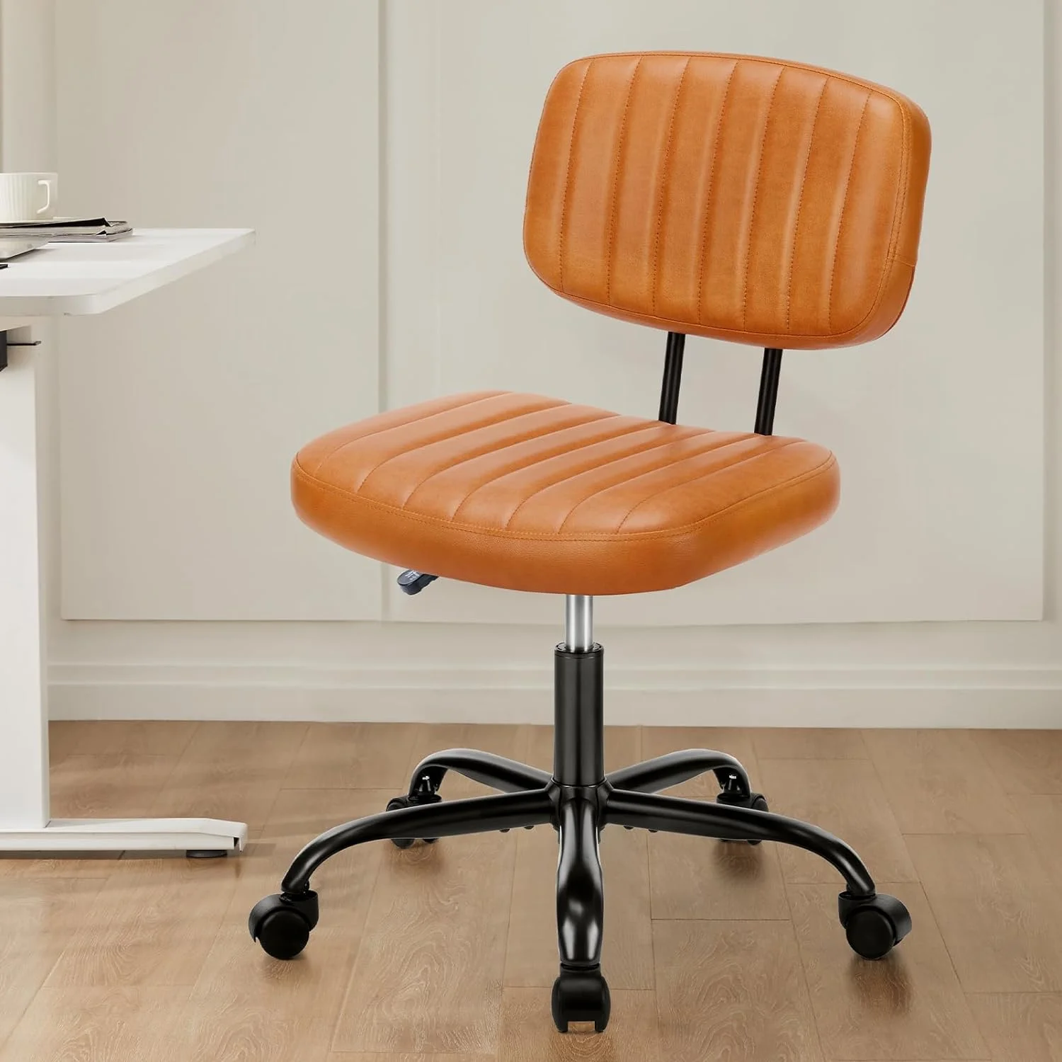 TJCGDTY Armless Home Office Desk Chair with Wheels  PU Leather Low Back Lumbar Support  Adjustable Height ° Rolling Swivel Without Arm for Small Space  Rectangular  Light Brown