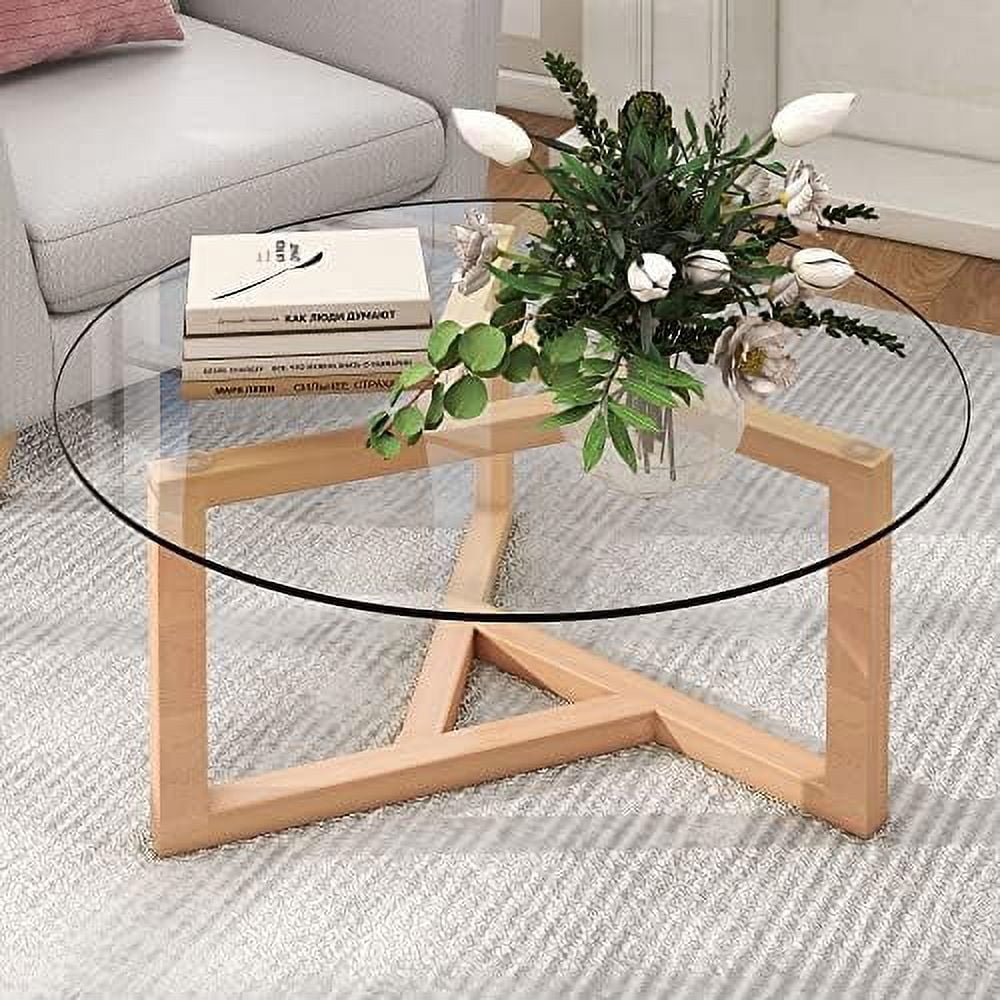 YPDCHB Round Coffee Table 35" Contemporary Cocktail Table with Tempered Glass Top and Sturdy Wood Base (Natural)