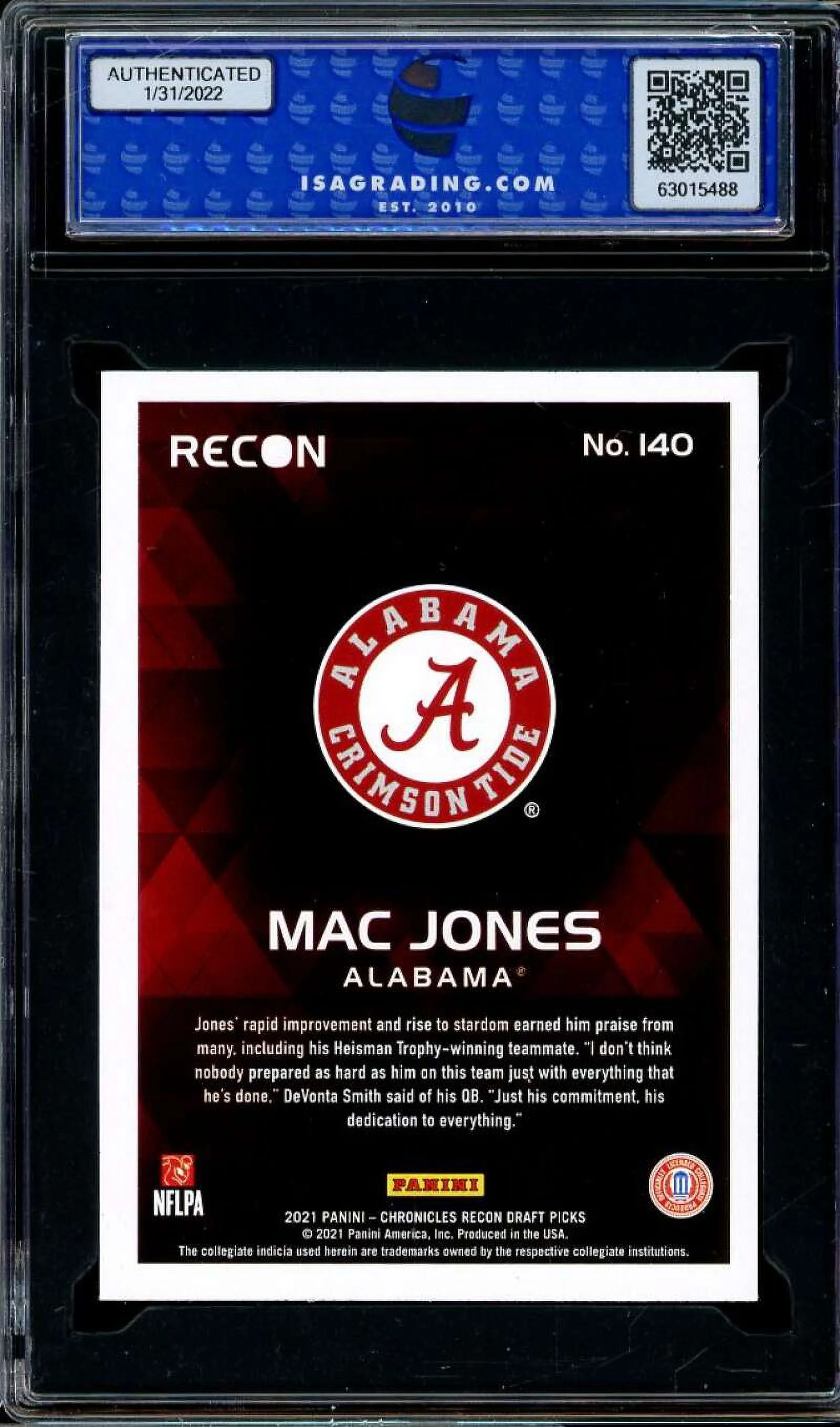 Mac Jones Rookie Card 2021 Panini Chronicles D.P. Recon #140 ISA 9 MINT
