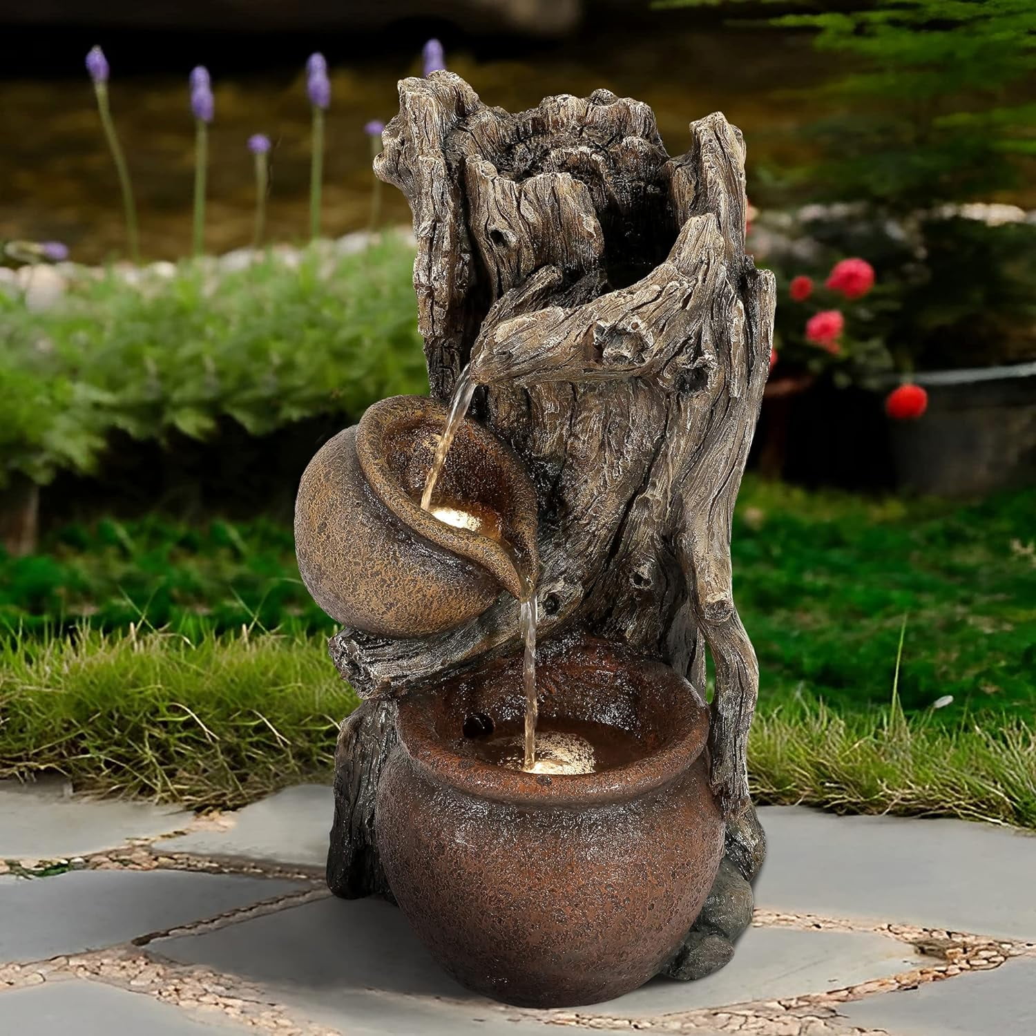 Brown Resin Tree Farmhouse Pots Outdoor Fountain With LED Lights