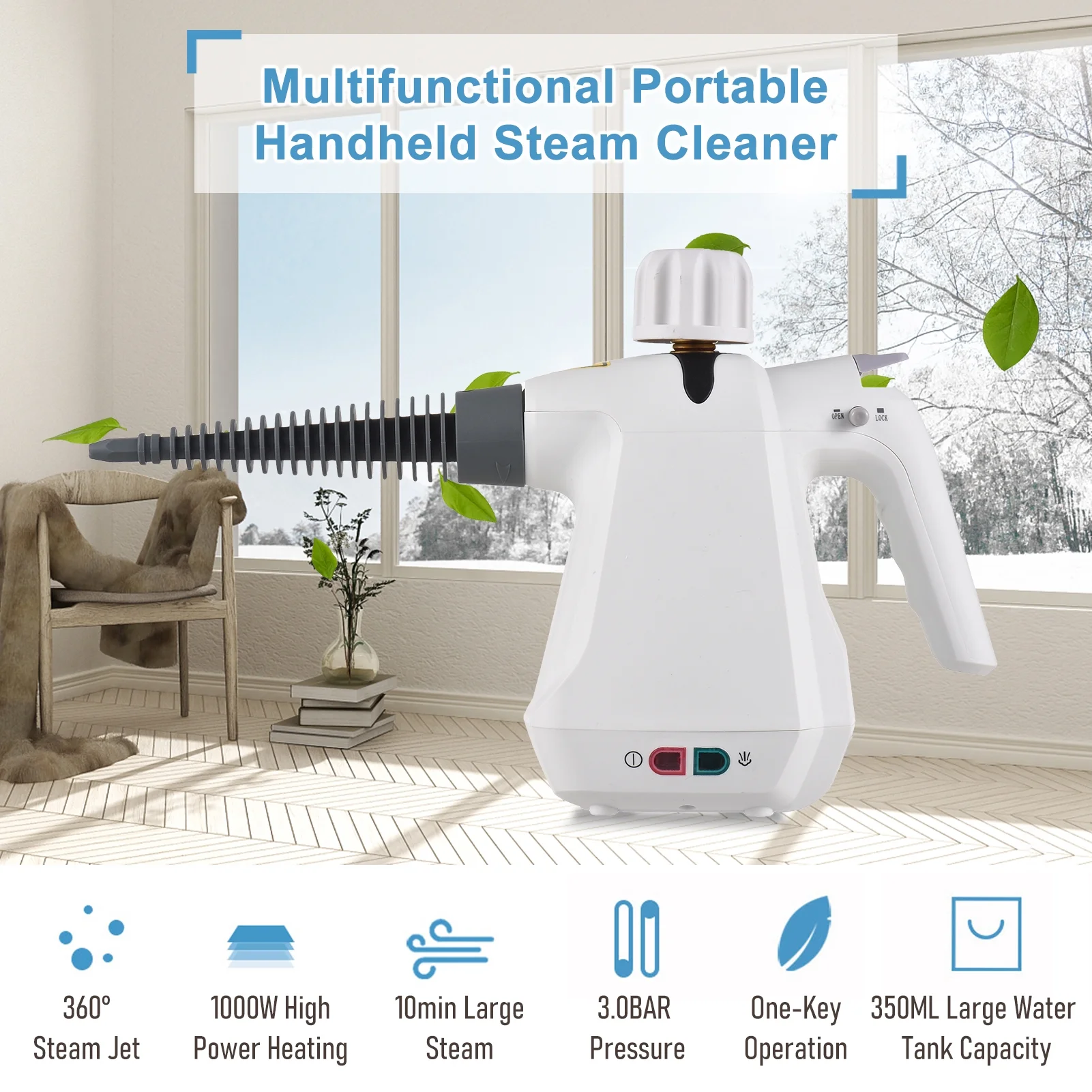 1000W Portable Pressurized Cleaner - Handheld High-Temperature Cleaning Machine with Brush Heads and Measuring Cup for Kitchen, Furniture, Bathroom, and Car