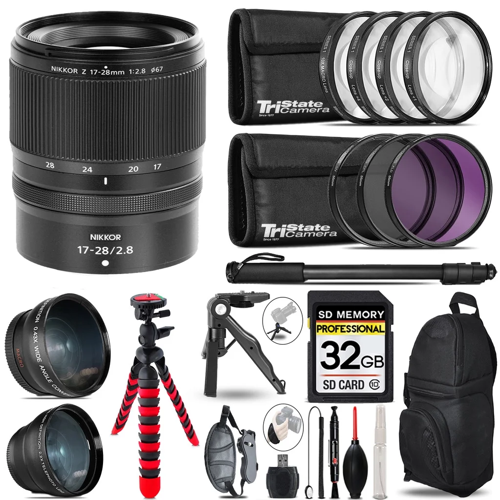 Nikon NIKKOR Z 17-28mm f/2.8  Lens- 3 Lens Kit + Tripod + Backpack - 32GB Accessory Bundle