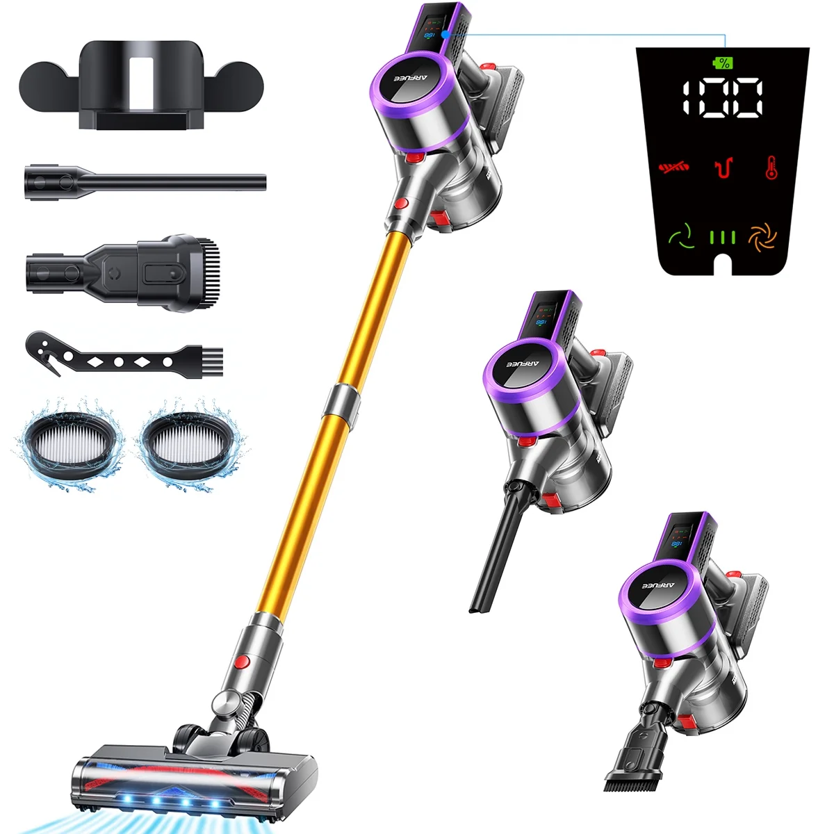 ARFUEE Cordless Vacuum Cleaner, 45000Pa/550W Powerful Vacuum Cleaners for Home, 60 Mins Runtime, LED Display, 1.5L Cup, Anti-Tangle Brush, Lightweight, Ultra-Quiet, Cordless Stick Vacuum