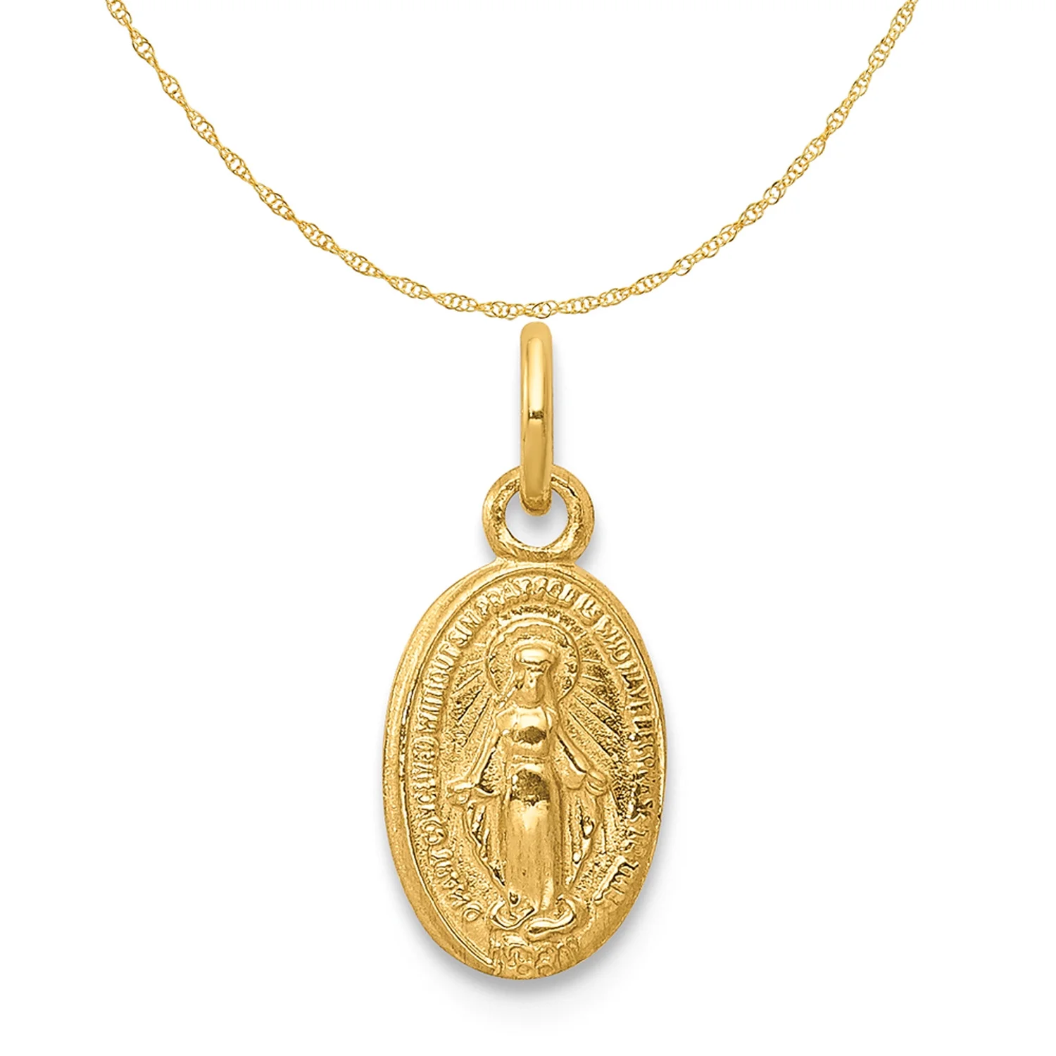 Carat in Karats 14K Yellow Gold Miraculous Medal Pendant Charm (14mm x 7mm) With 14K Yellow Gold Lightweight Rope Chain Necklace 20''