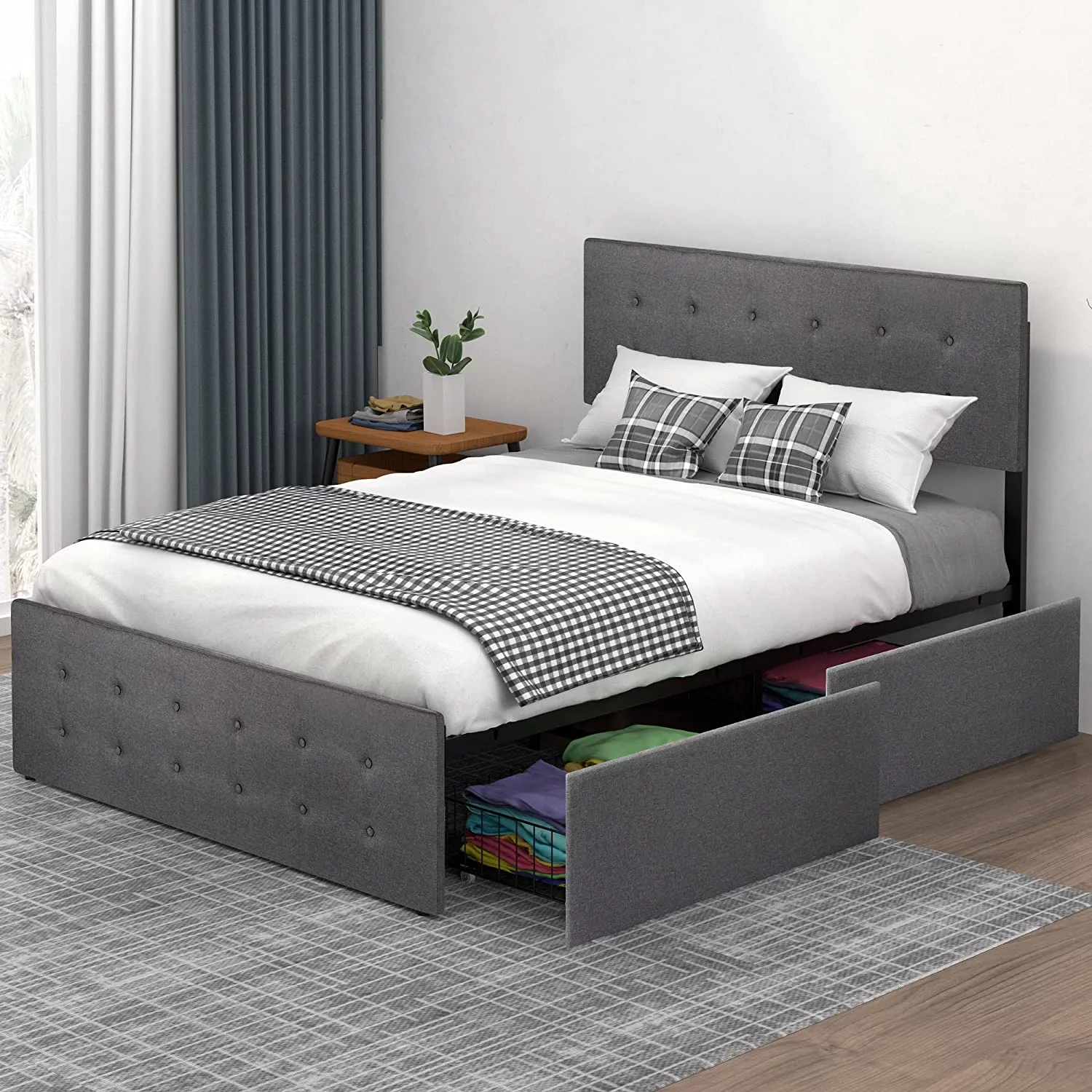 Full Platform Bed Frame with Headboard and 4 Drawers Storage, Button Upholstered Mattress Foundation with Wood Slat Support, No Box Spring Needed