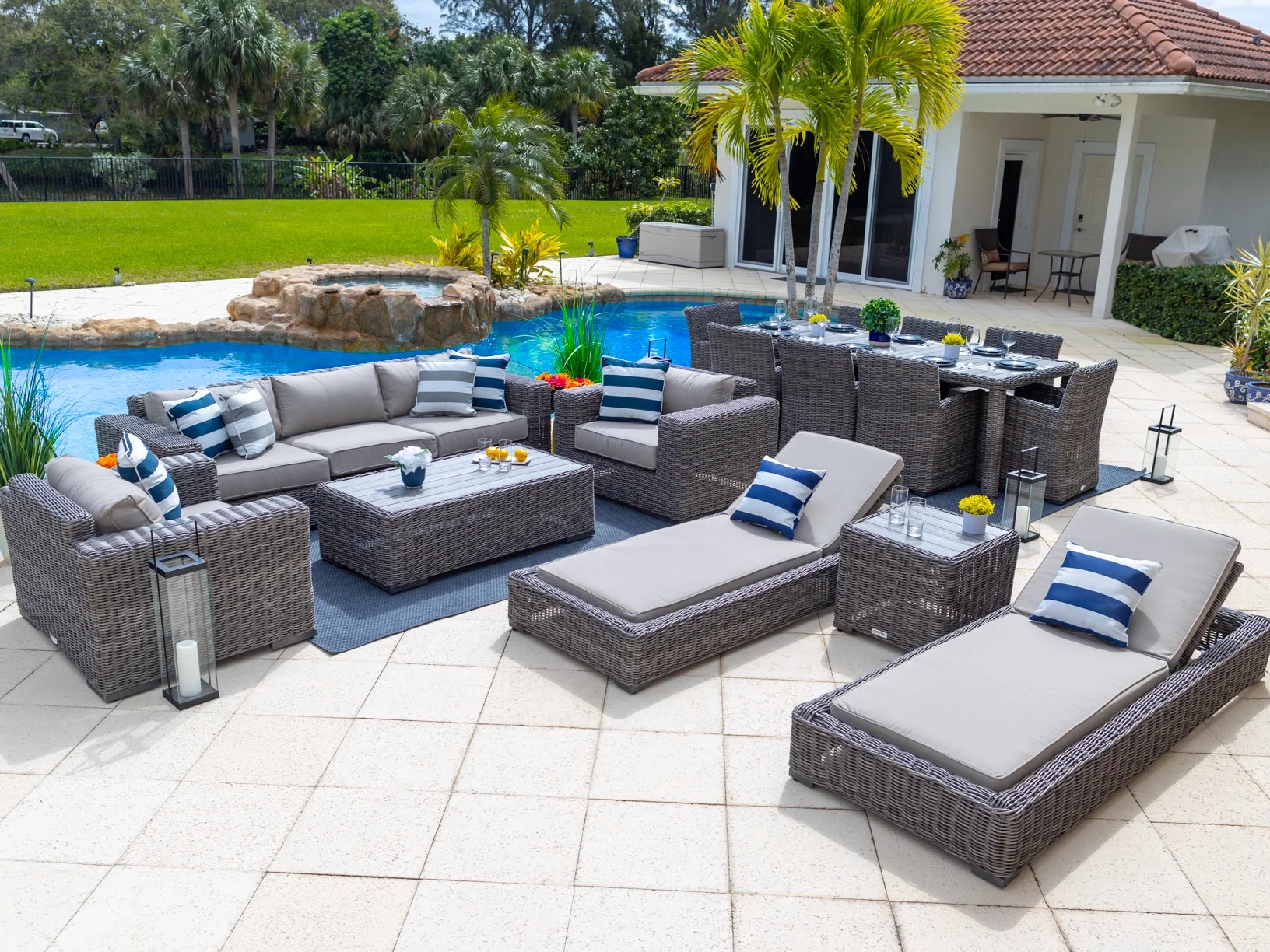 Malmo 16-Piece Resin Wicker Outdoor Patio Furniture Combination Set In Gray W/ Sofa Set, Eight-Seat Dining Set, and Chaise Lounge Set (Full-Round Gray Wicker, Polyester Light Gray)