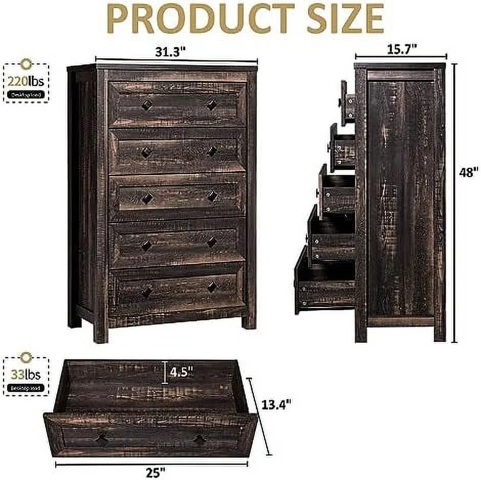 HBROLJF Farmhouse 5 Drawers Dresser  Wood Rustic Chest of Drawers for Bedroom  Tall Dressers Organizer with Metal Handles  5 Drawers Chest for Living Room  Hallway  Entryway  Grey