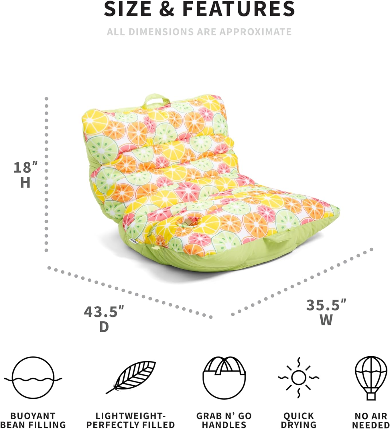 Roma Float No Inflation Needed Pool Float with Drink Holder, Citrus Burst Double Sided Mesh, Quick Draining Fabric, 3 feet