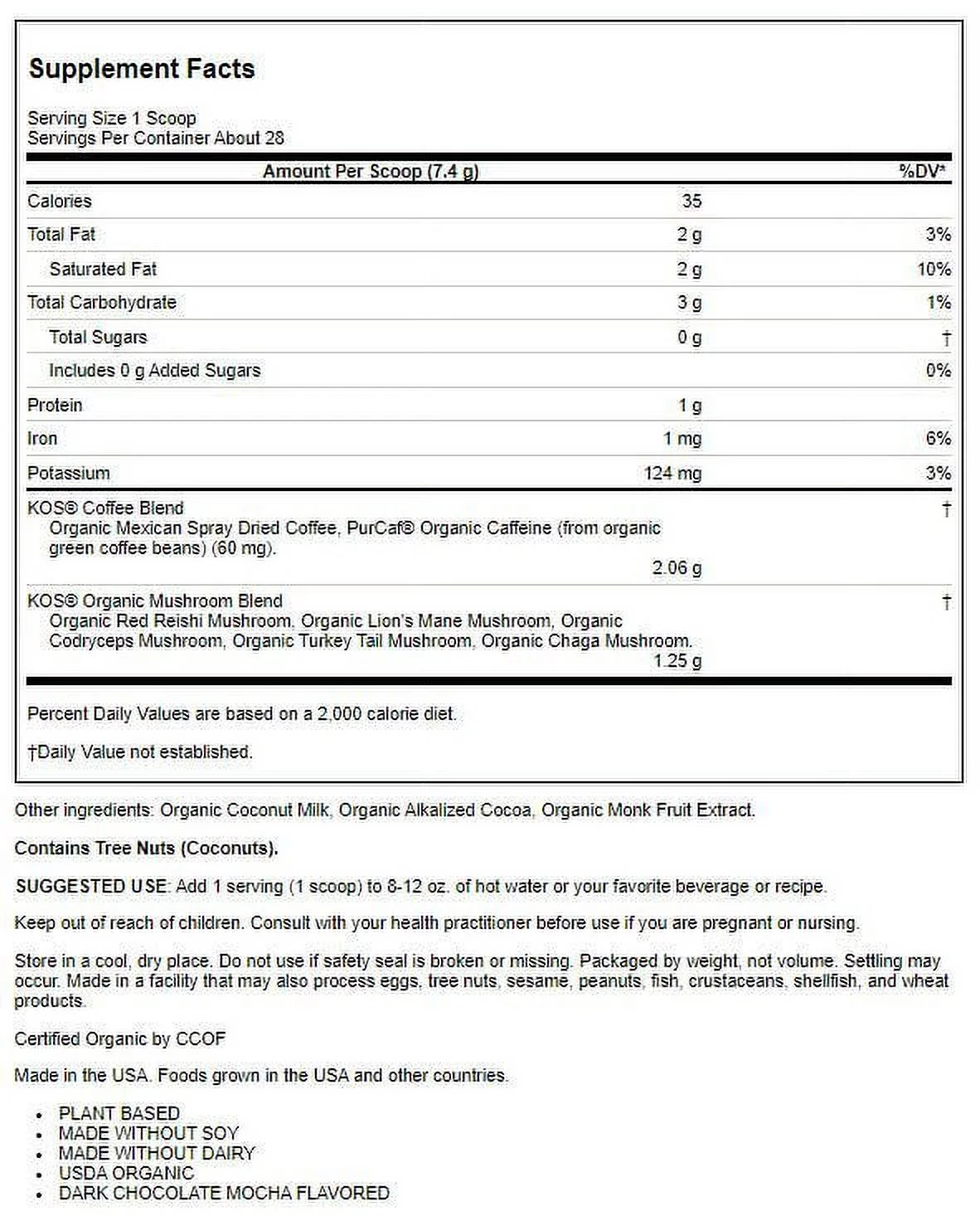 KOS Mushroom Coffee, Dark Chocolate Mocha Flavor Superfood Blend