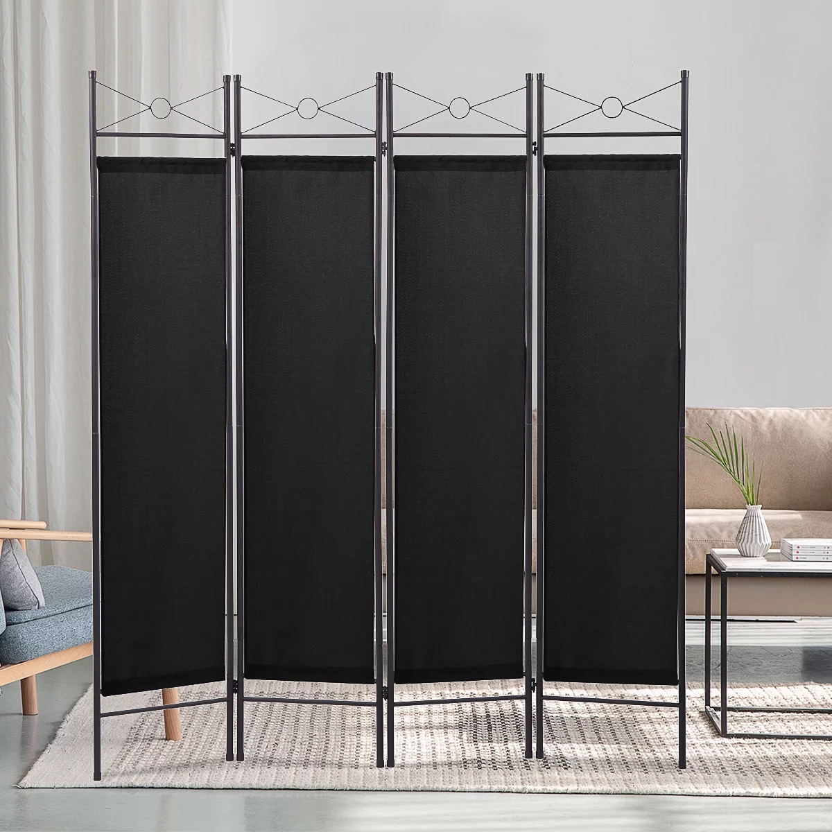 Lowestbes 4 Panel Room Divider, Folding Privacy Screens for Home Office, Independent Foldable Screen with Fabric Metal Frame, Black