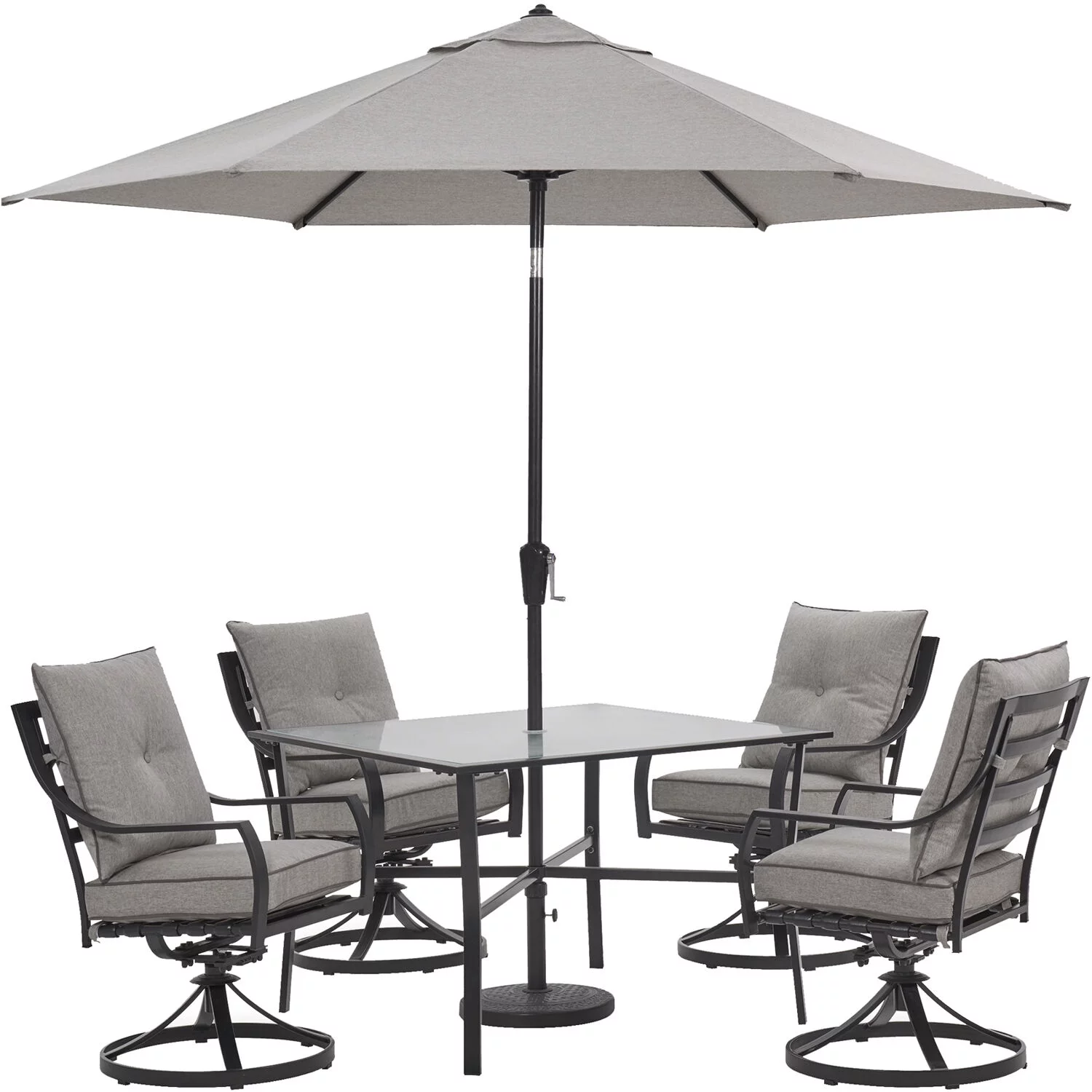Hanover Lavallette 5-Piece Dining Set in Silver Linings with 4 Swivel Rockers, 42-In. Square Glass-Top Table, Umbrella, and Base, LAVDN5PCSW-SLV-SU