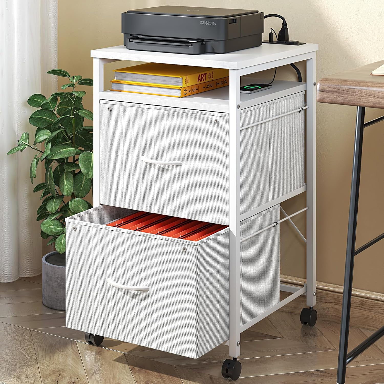 U-SHARE File Cabinet, Fabric Filing Cabinet with Socket & USB Charging Port, Vertical Rolling Printer Stand with 2 Drawers, Mobile Filing Cabinet with Open Shelf, A4 or Letter Size, for Home Office
