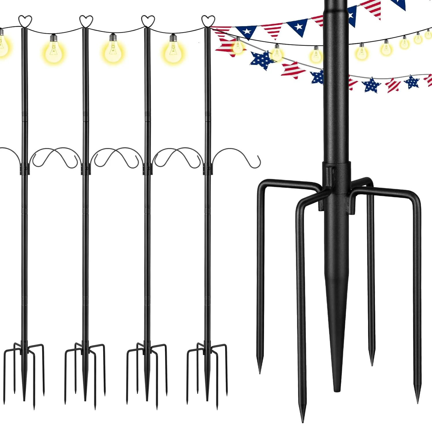 MINGFENG 10ft Wedding String Light Poles for Outdoor Outside, Waterproof Harder Heavy Duty Metal Pole with 5 Prong Base Ground Anchor Hanging String Lights for Backyard Garden Patio Lighting(4 Pack)