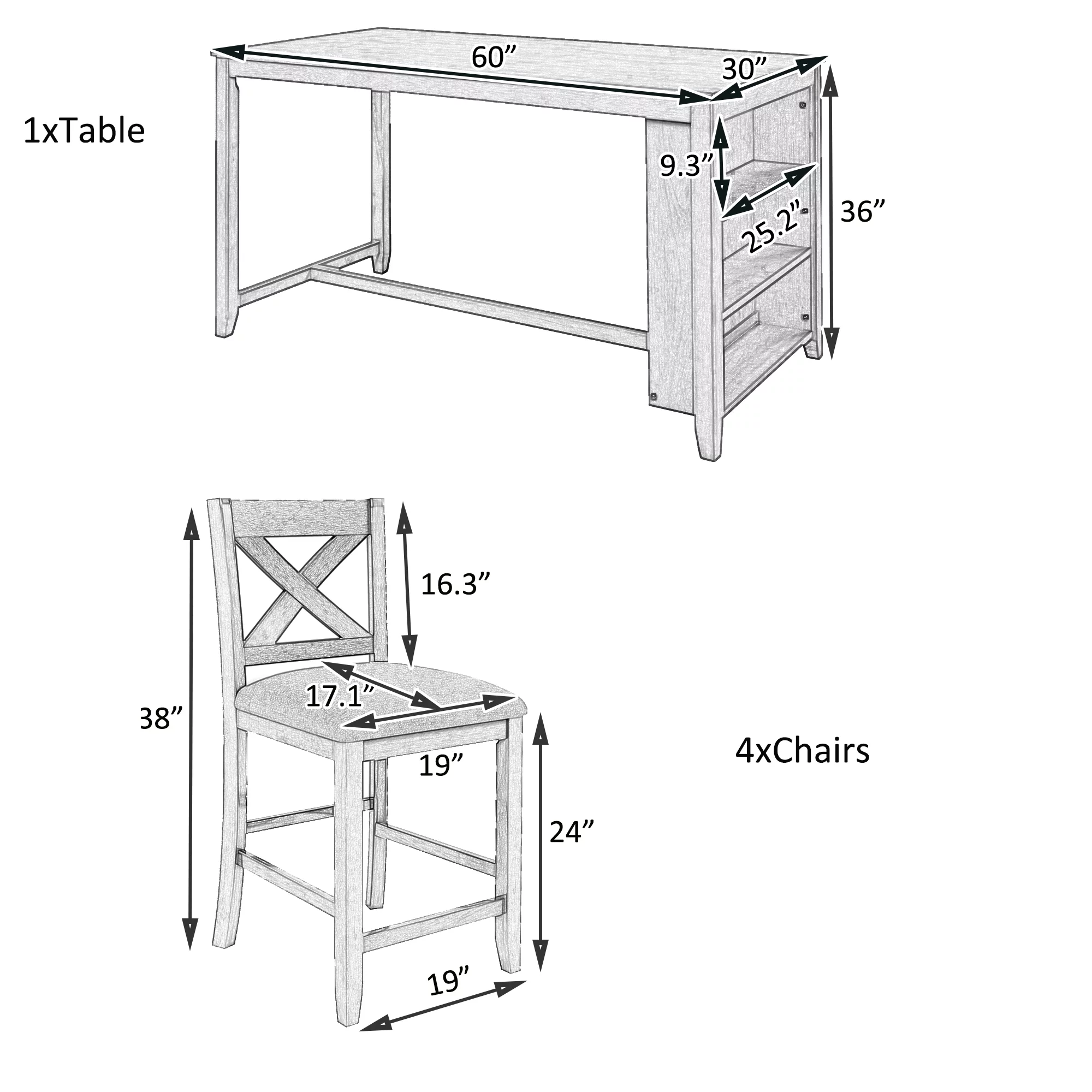 Churanty 5 Pieces Counter Height Farmhouse Dining Table for 4,Wooden Bar Table Set with 4 Chairs, Gray