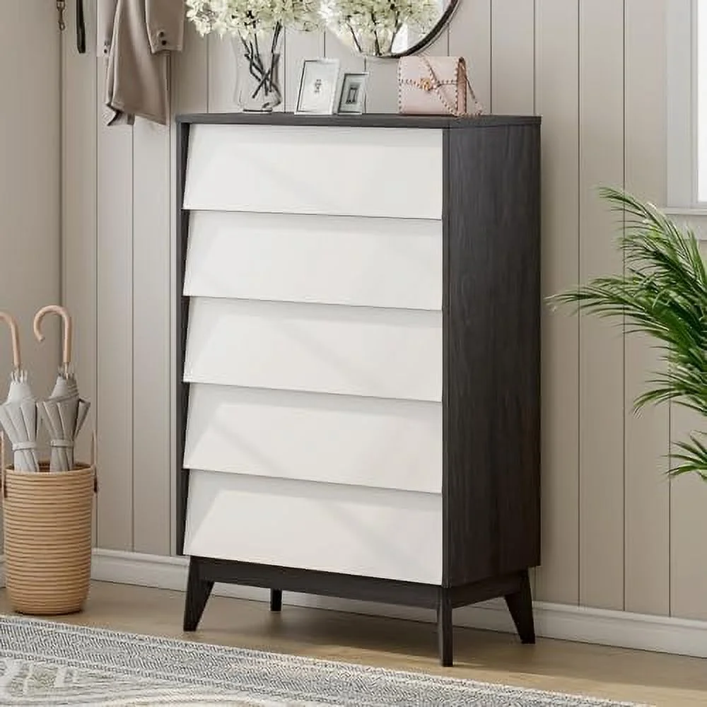 xrboomlife 5 Drawer Dresser for Bedroom  48" Tall Wood Closet  Chest Dressers  Mid-Century Modern  Organizer Dresser for Bedroom  Living Room  White & Black Walnut