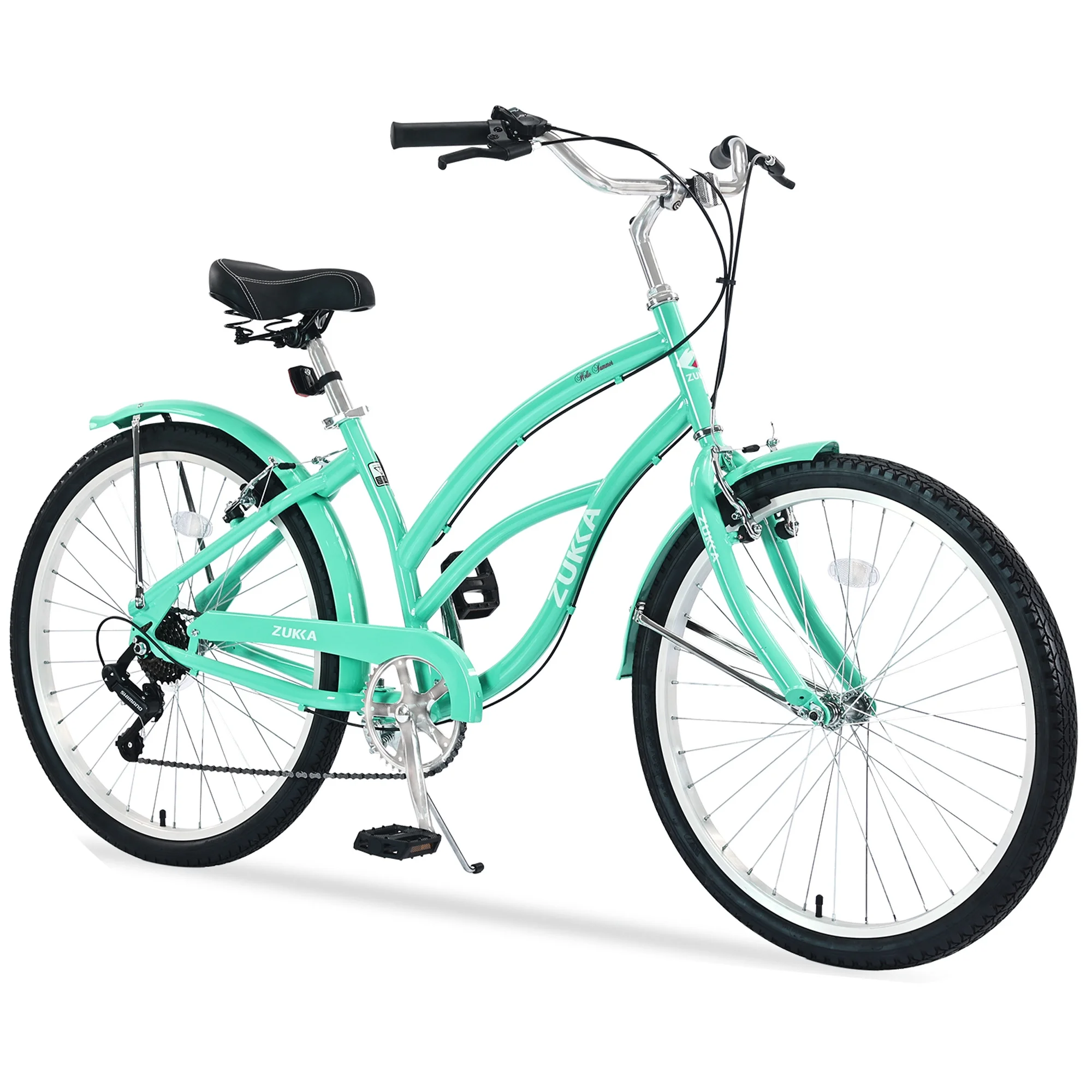 Beach Cruiser Bike, Men and Women, 18-Inch Steel Frame, 26-Inch Wheels, 7-Speed Twist Shifters, Mint Green