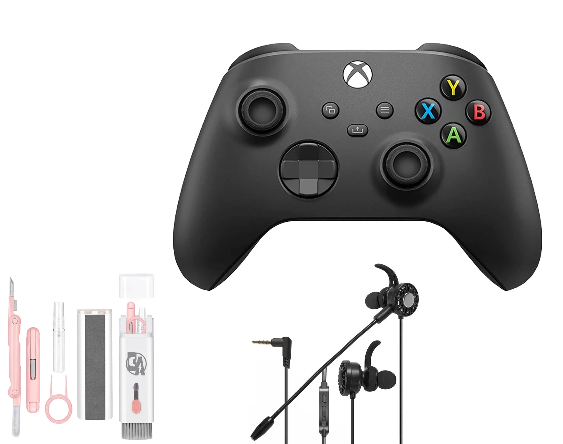 Microsoft Xbox Wireless Carbon Black Controller for Xbox Console + Wired Earbuds With Cleaning Kit BOLT AXTION Bundle Used