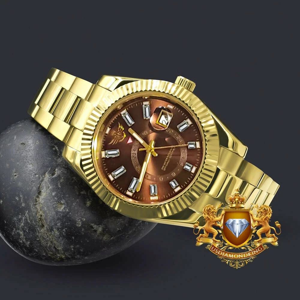 Men's Solid Steel Brown Dial 18K Gold Finish Simulated Diamond 40mm Watch W/Date