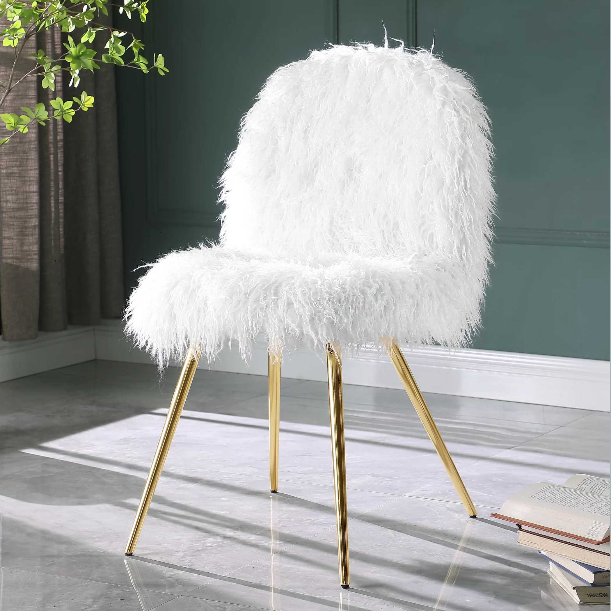 Roundhill Furniture Ravni Faux Fur Accent Chair Ottoman Set in White/Rose Gold
