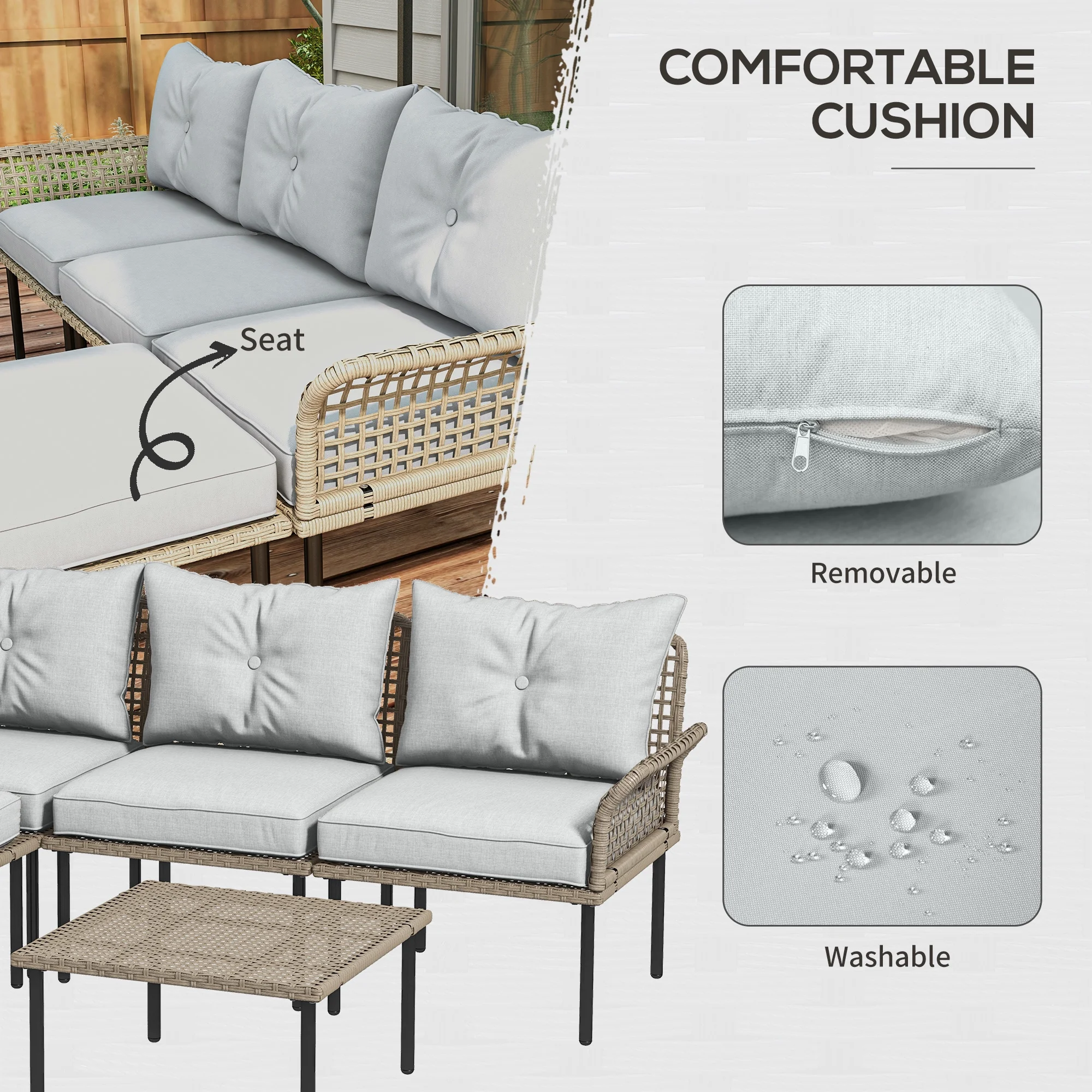 Outsunny 5 PCs Patio Furniture Set with Sofa, Chaise Lounge, Table, Cream