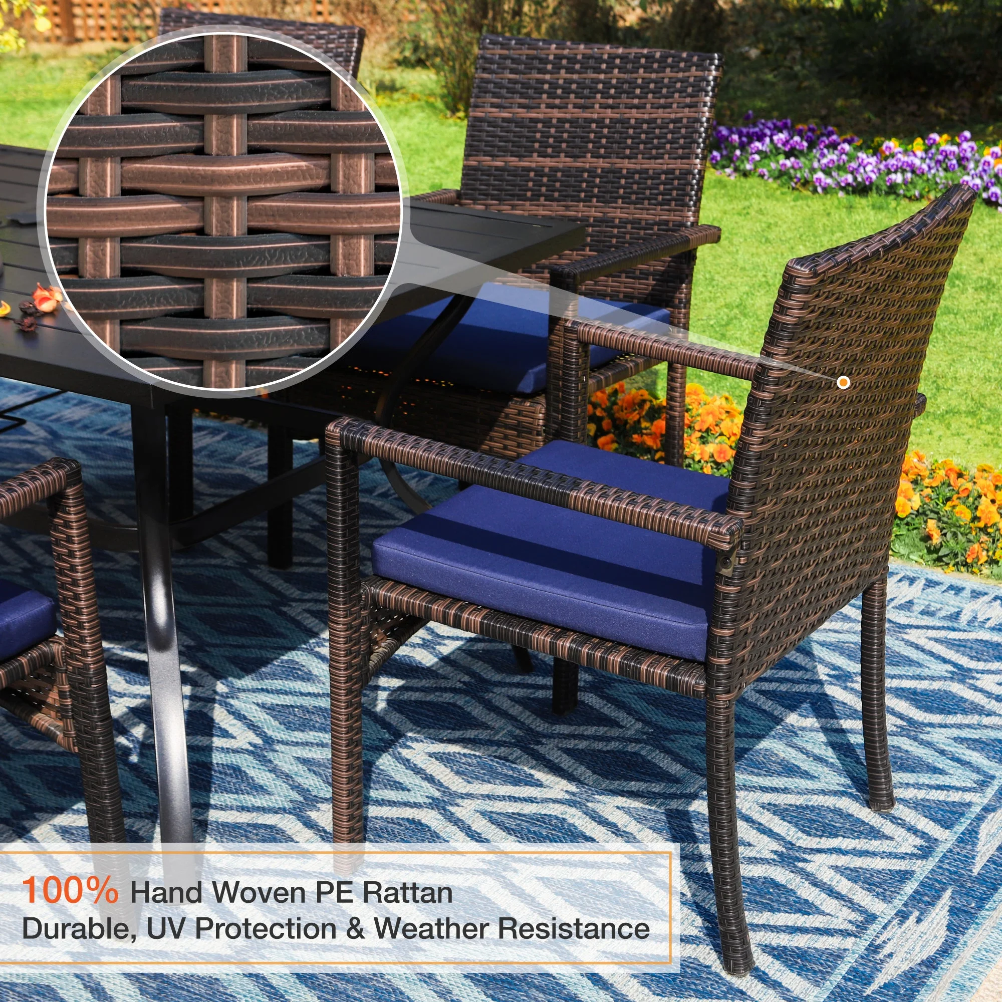 Sophia & William Patio Rattan Dining Chairs Set of 2 with Blue Cushions, Dark Brown