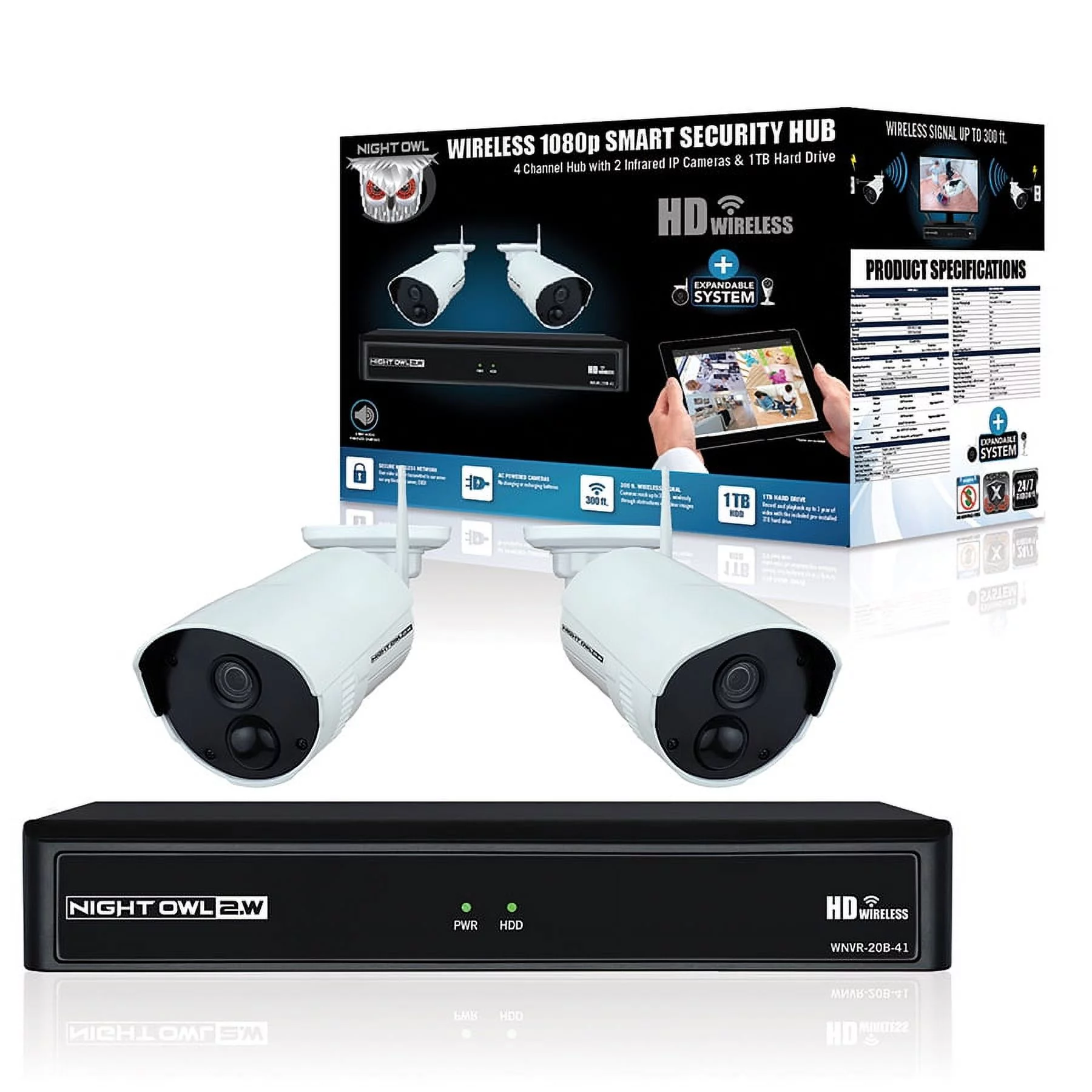 Night Owl 4 Channel 1080p Wireless Smart Security Hub with 1 TB Pre-Installed Hard Drive and 2 x 1080p Infrared IP Cameras with Two-Way Audio, 300 ft. wireless signal, 100 ft. night vision