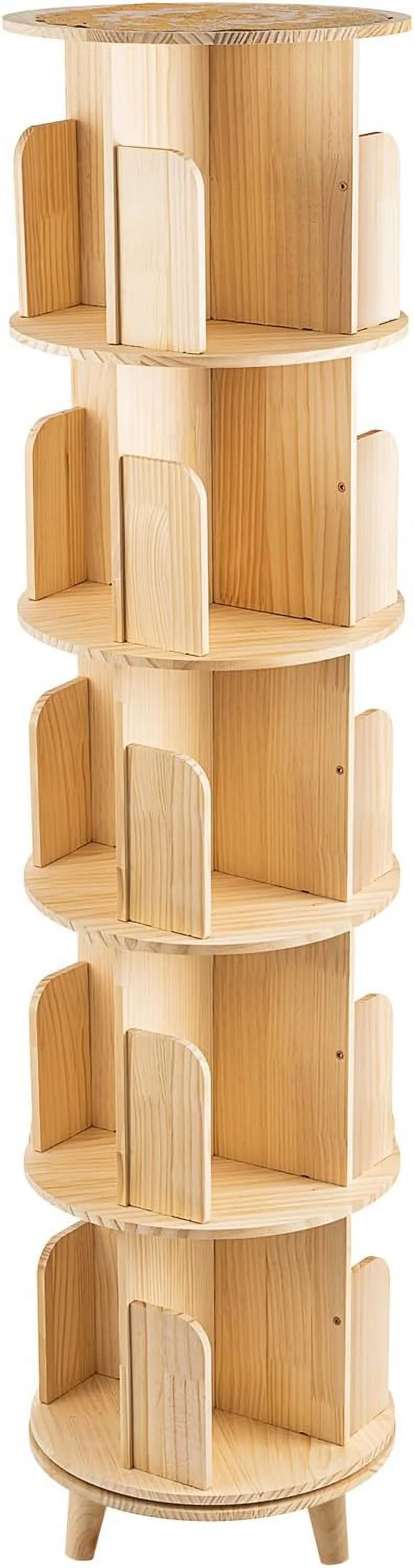 5 Tier Rotating Bookcase With Legs,360°Display Wood Round Bookshelf,Swivel Bookcase