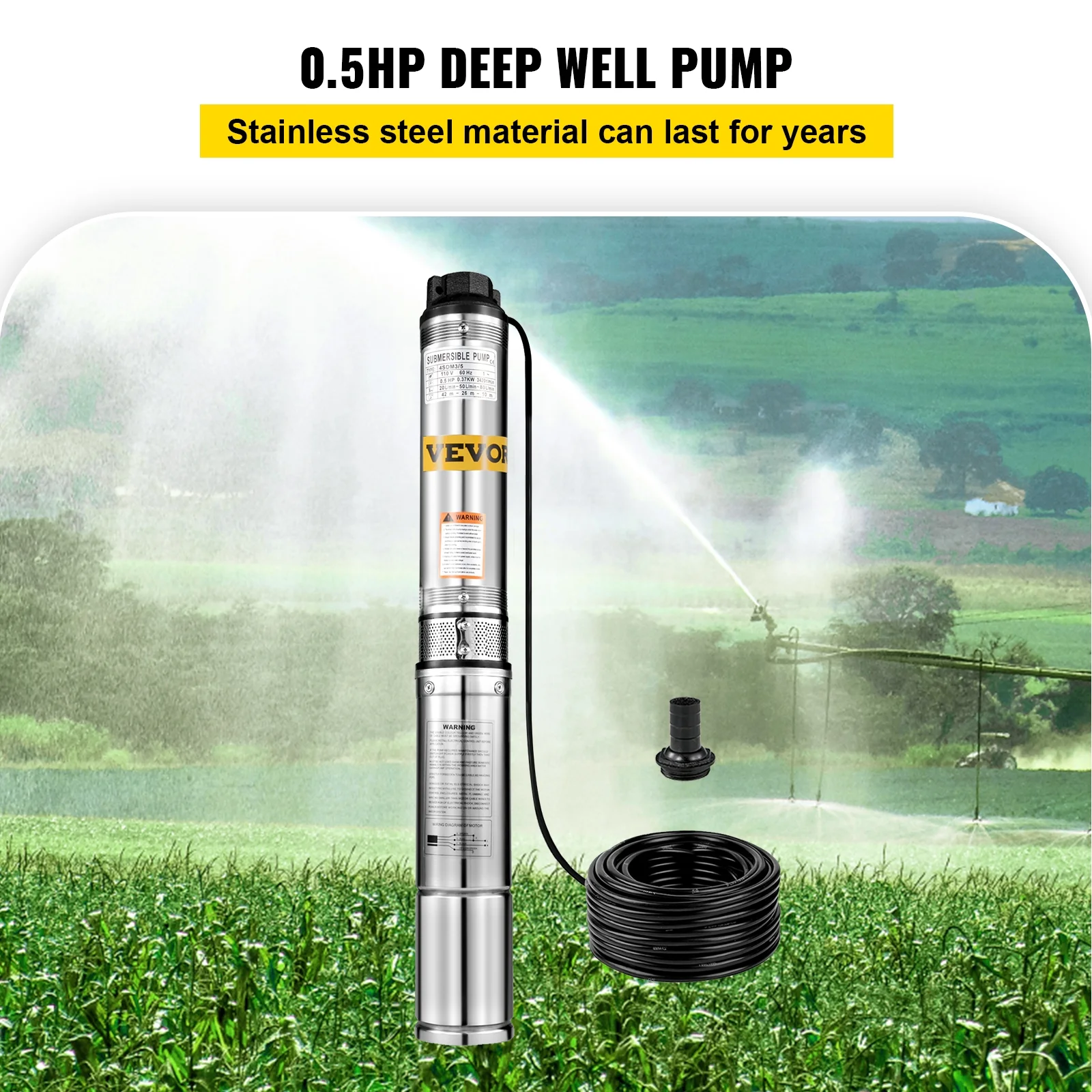 VEVORbrand Deep Well Pump 1/2 HP with 49.2ft Cable - Submersible Well Pump 164ft Head 22.9GPM - Deep Well Pump Stainless Steel for Factories, Farmland, Irrigation Use