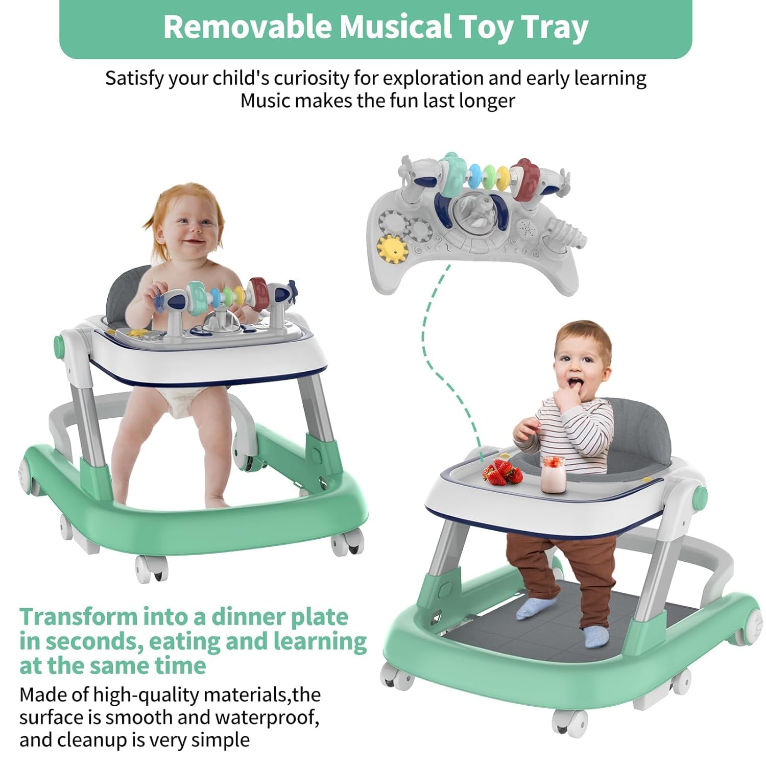 Foldable Baby Walker, Toddler Walker Bouncer, Learning-Seated, Music, Adjustable Height, High Back Padded Seat, Baby Walkers and Activity Center, Baby Walkers for Baby Boys and Baby Girls (Green)