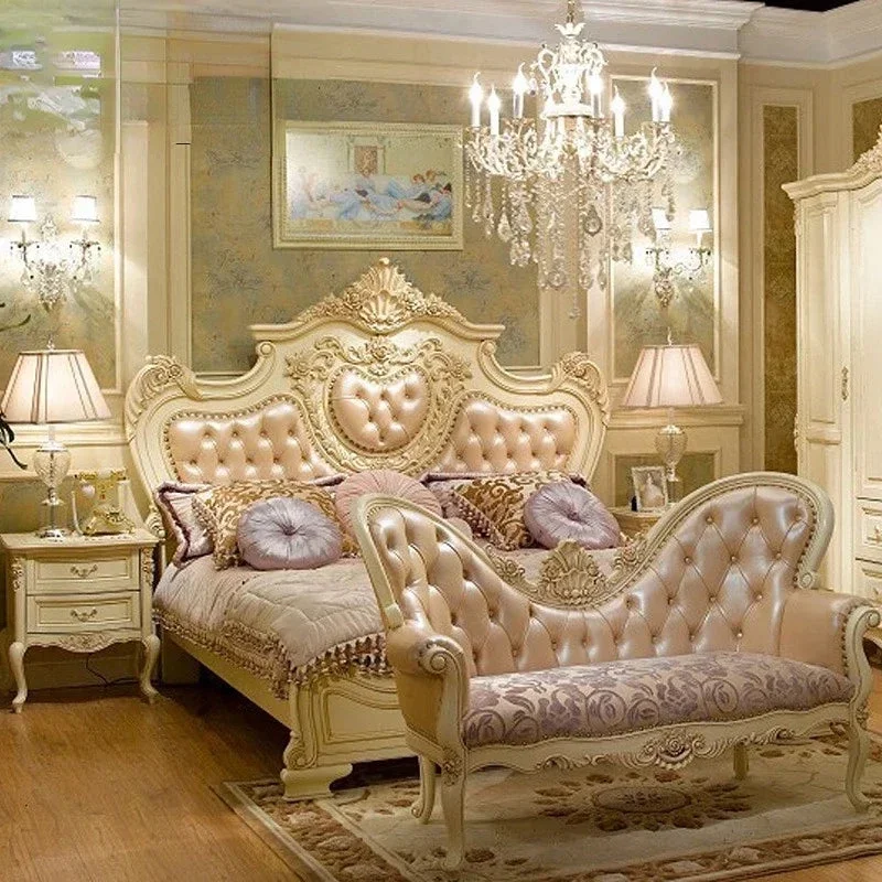 European-style solid wood leather bed villa bedroom leather double bed luxury wedding bed custom furniture