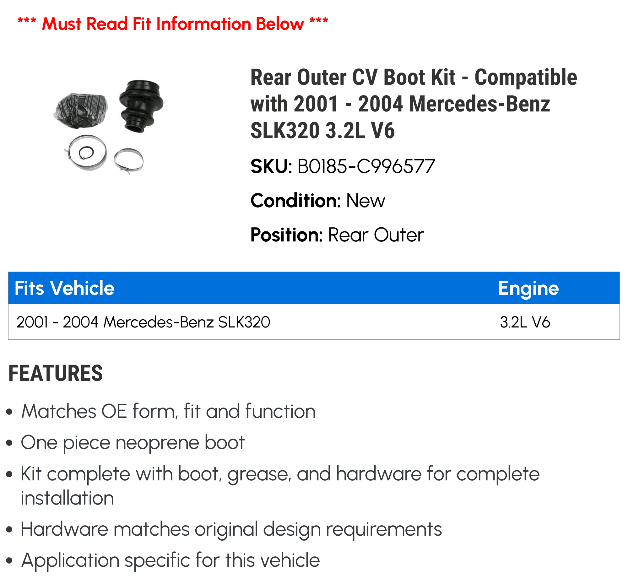 Rear Outer CV Boot Kit - Compatible with 2001 - 2004 Mercedes-Benz SLK320 3.2L V6 2002 2003
