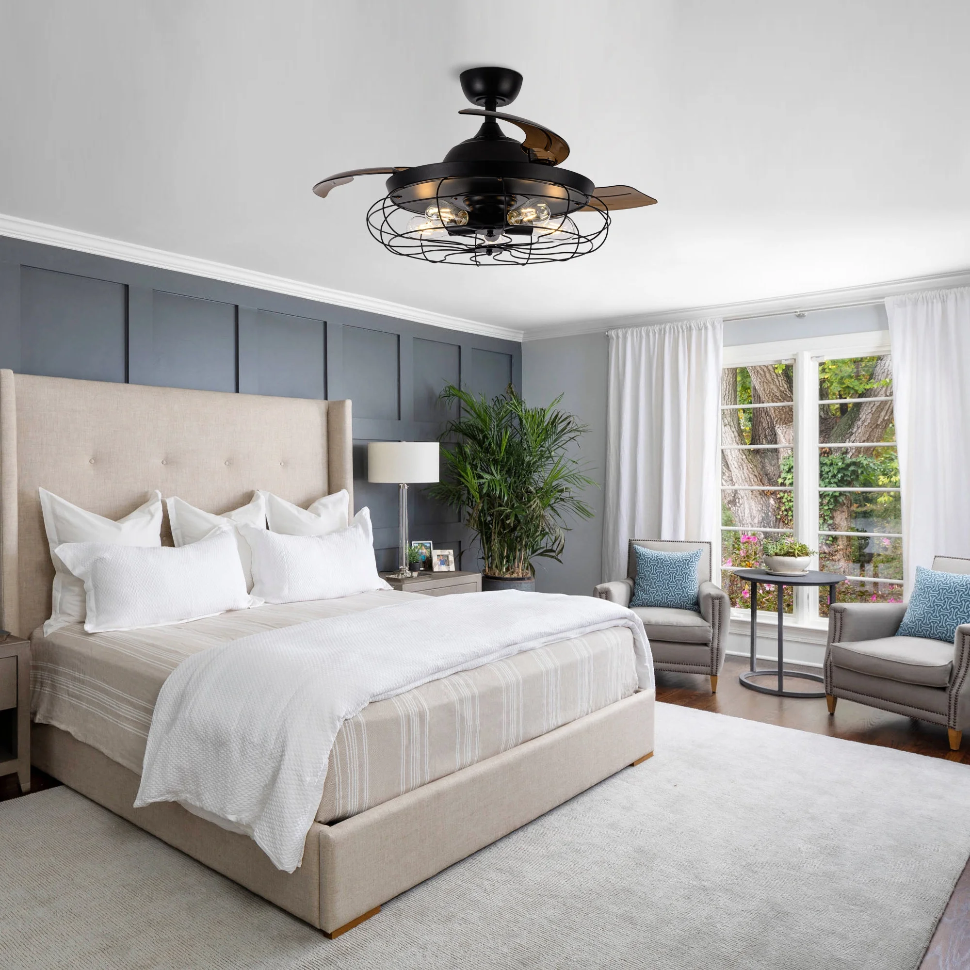 Parrot Uncle Ceiling Fan with Lights and Remote Control 42 inch Black Ceiling Fan with 3 Retractable Blades and 5 Lights, not Included Bulbs