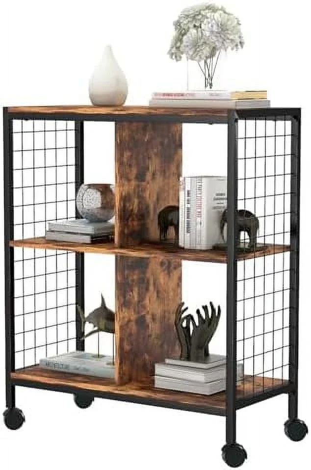 SQWDEC Wood Bookshelf  3-Tier Vintage Industrial Book   Rustic Wood and Metal Bookcase Low Bookshelves with Wheels  Free Standing  Small Bookshelf for Living Room  Bedroom and Kitchen  Br