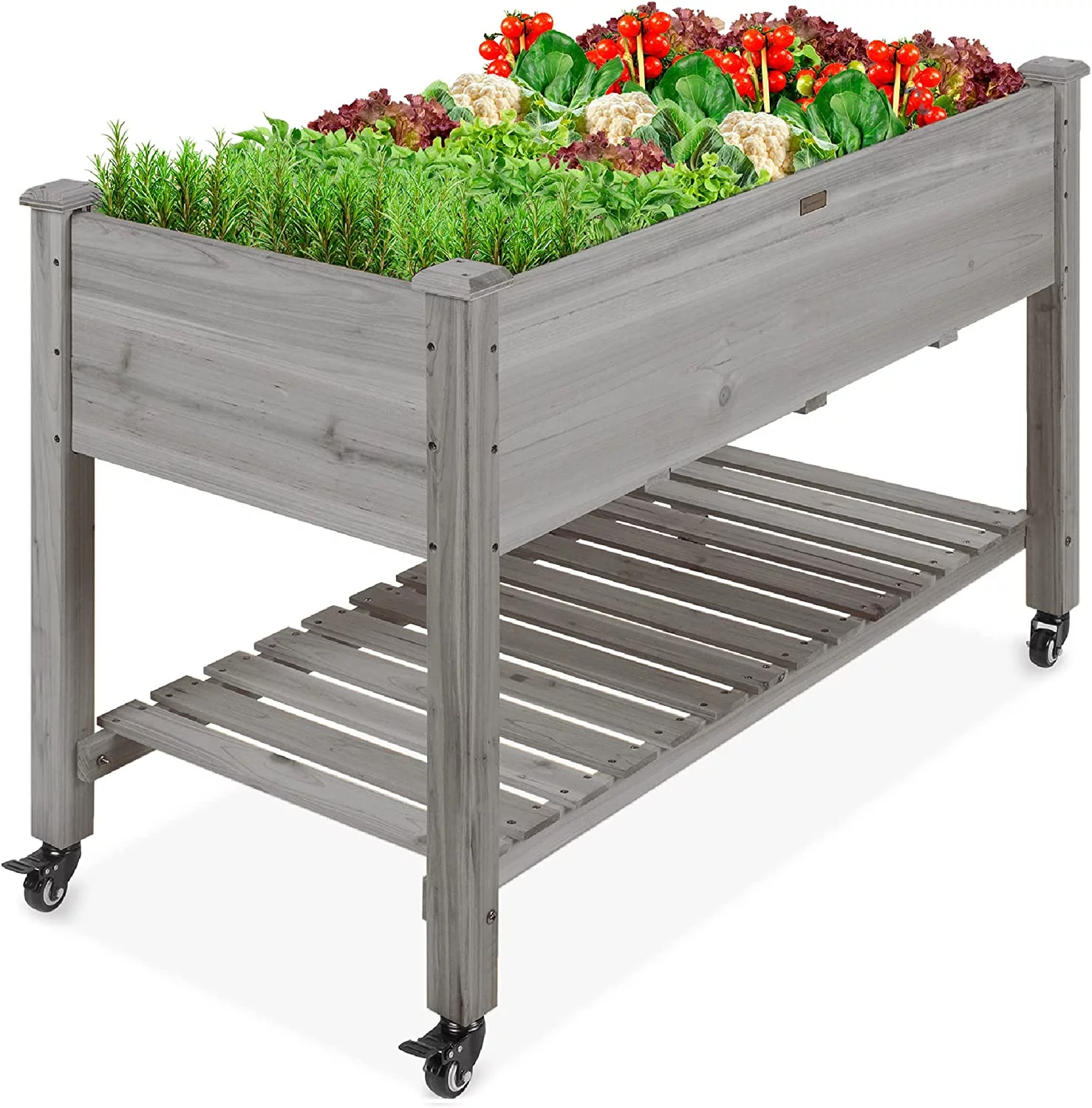 U-SHARE Raised Garden Bed 48x24x32-inch Mobile Elevated Wood Planter w/Lockable Wheels, Storage Shelf, Protective Liner